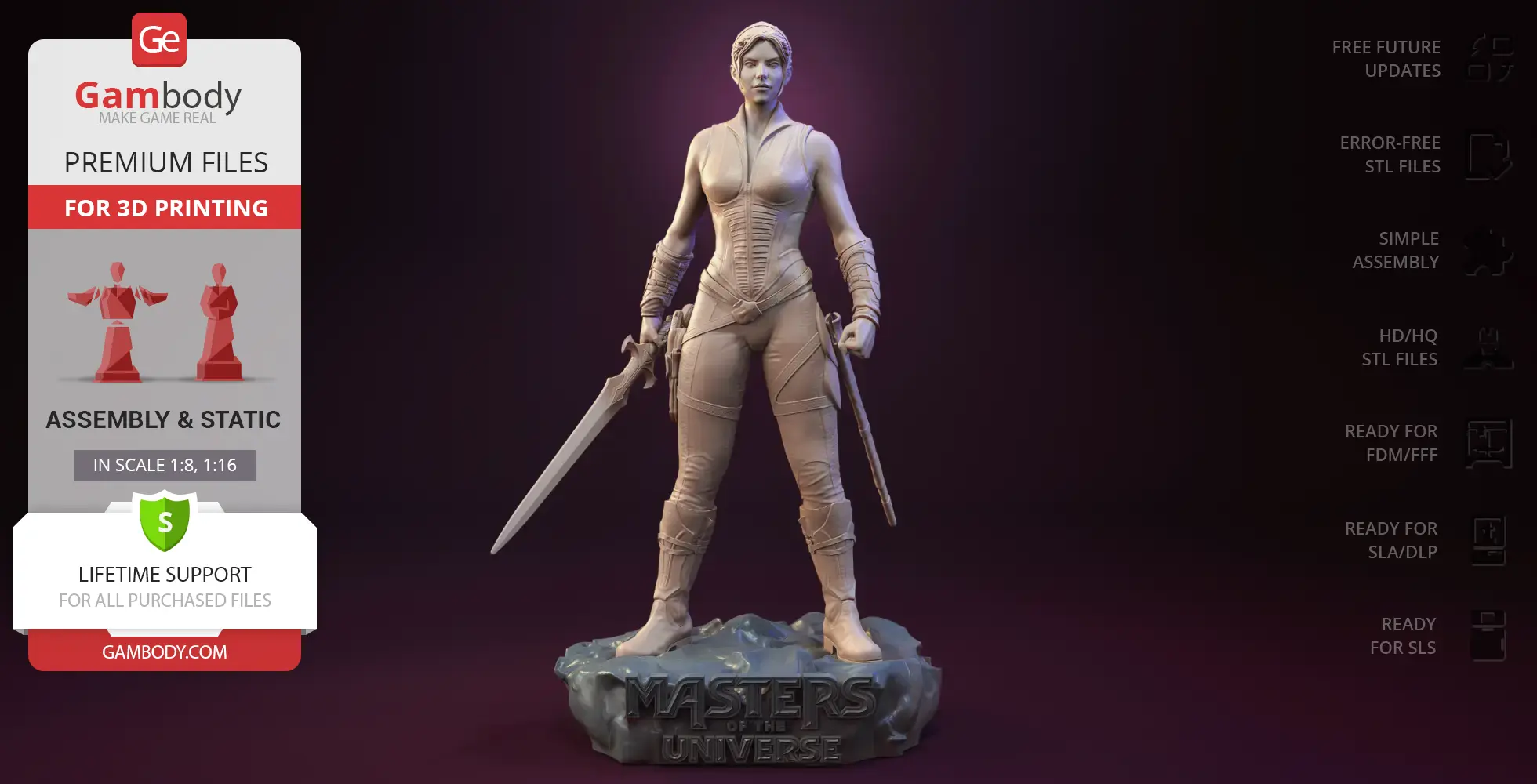 A 3D model of a warrior woman with swords on a 'Masters of the Universe' base, ready for 3D printing.