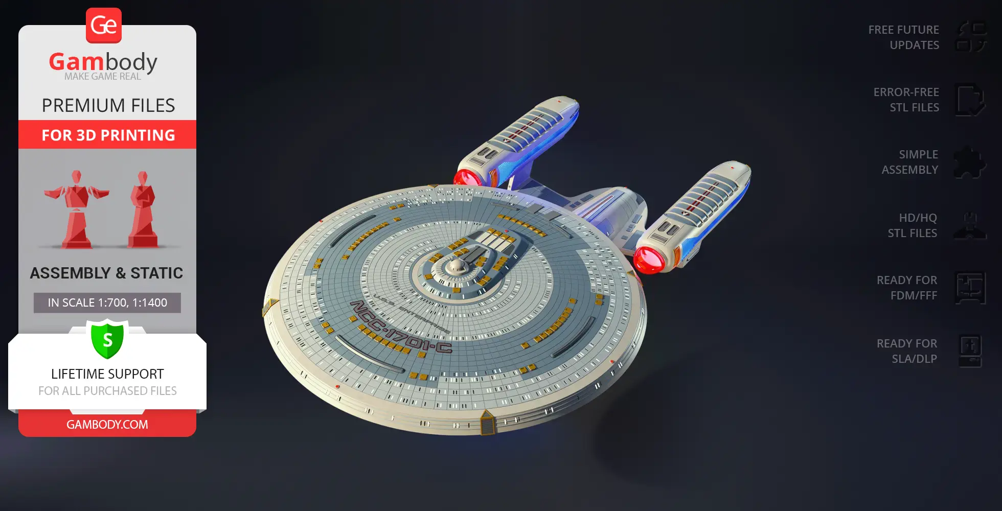 USS Enterprise NCC-1701-C detailed model for 3D printing from Star Trek, shown with assembly options.