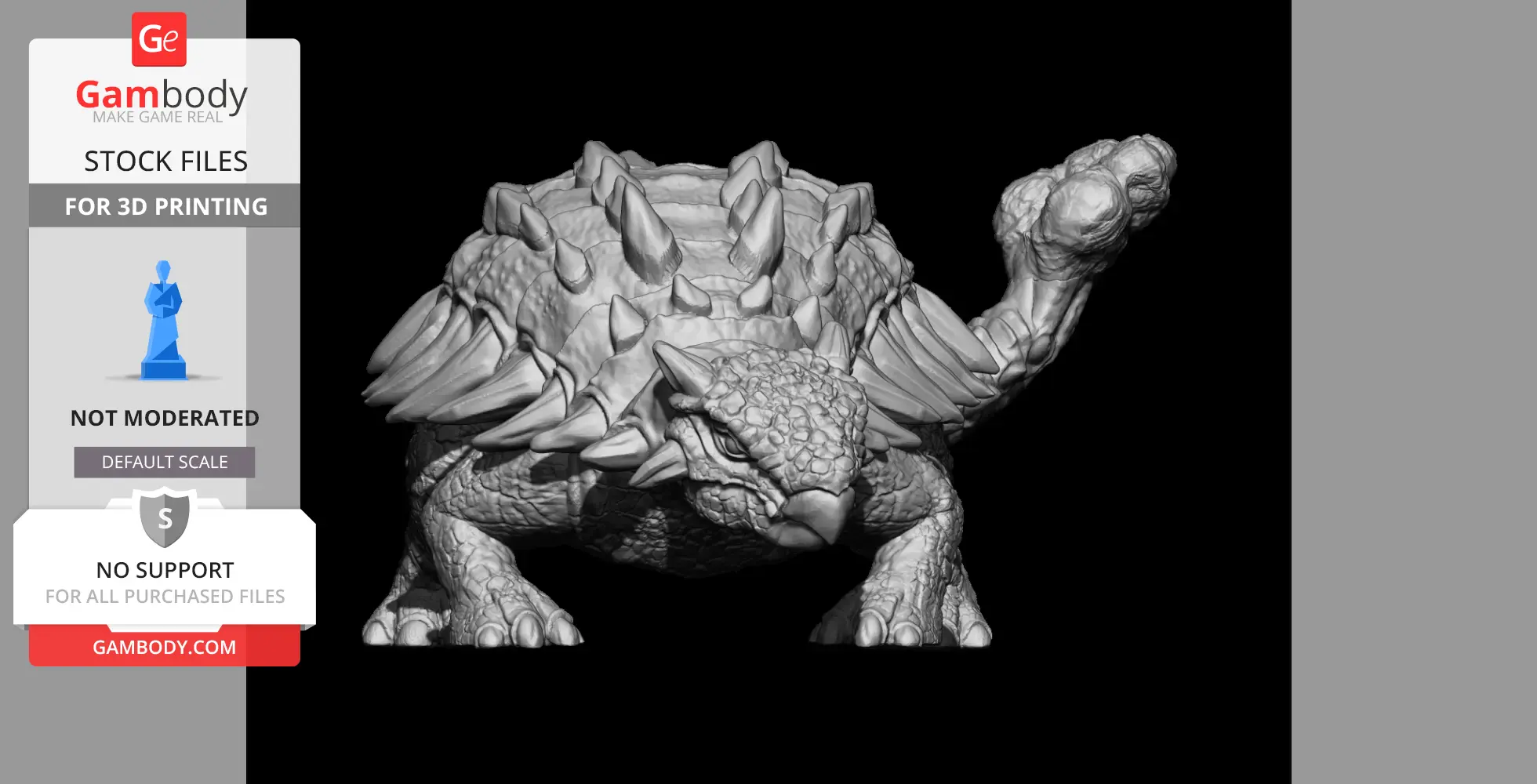 A detailed 3D model of an Ankylosaurus with textured skin and spiky armor, designed for 3D printing.
