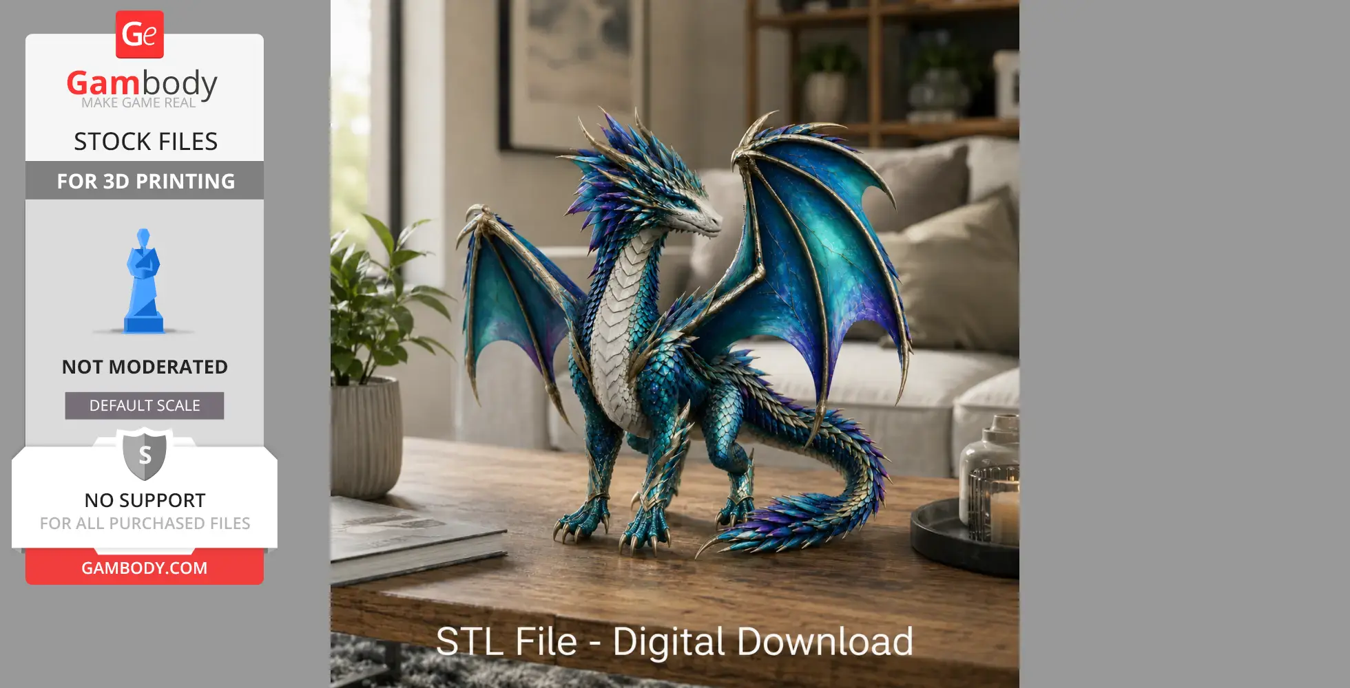 A detailed 3D model of a blue dragon with outstretched wings, on a wooden table in a cozy room setting.
