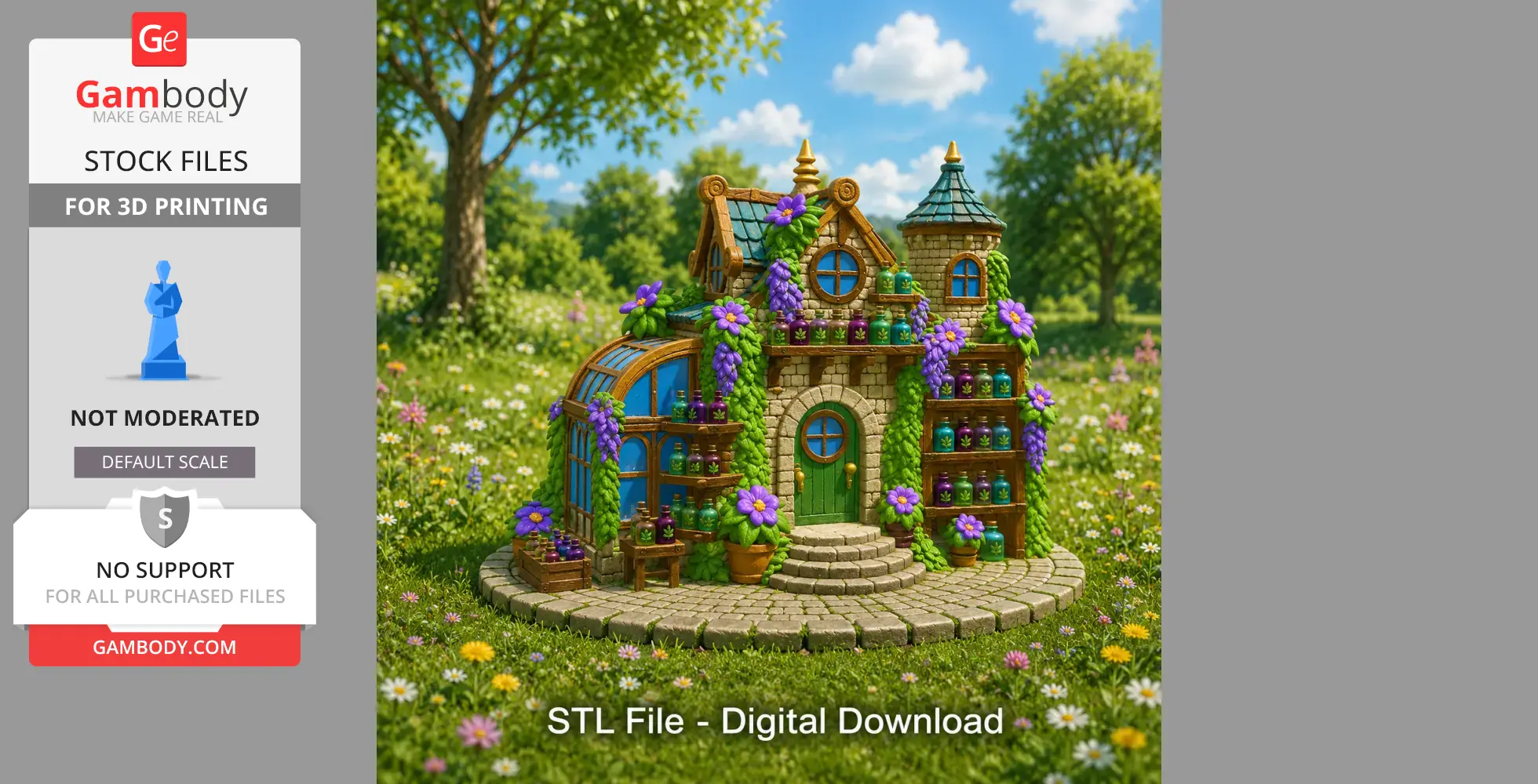 Charming cottage with plants, round windows, and a greenhouse in a lush garden setting.
