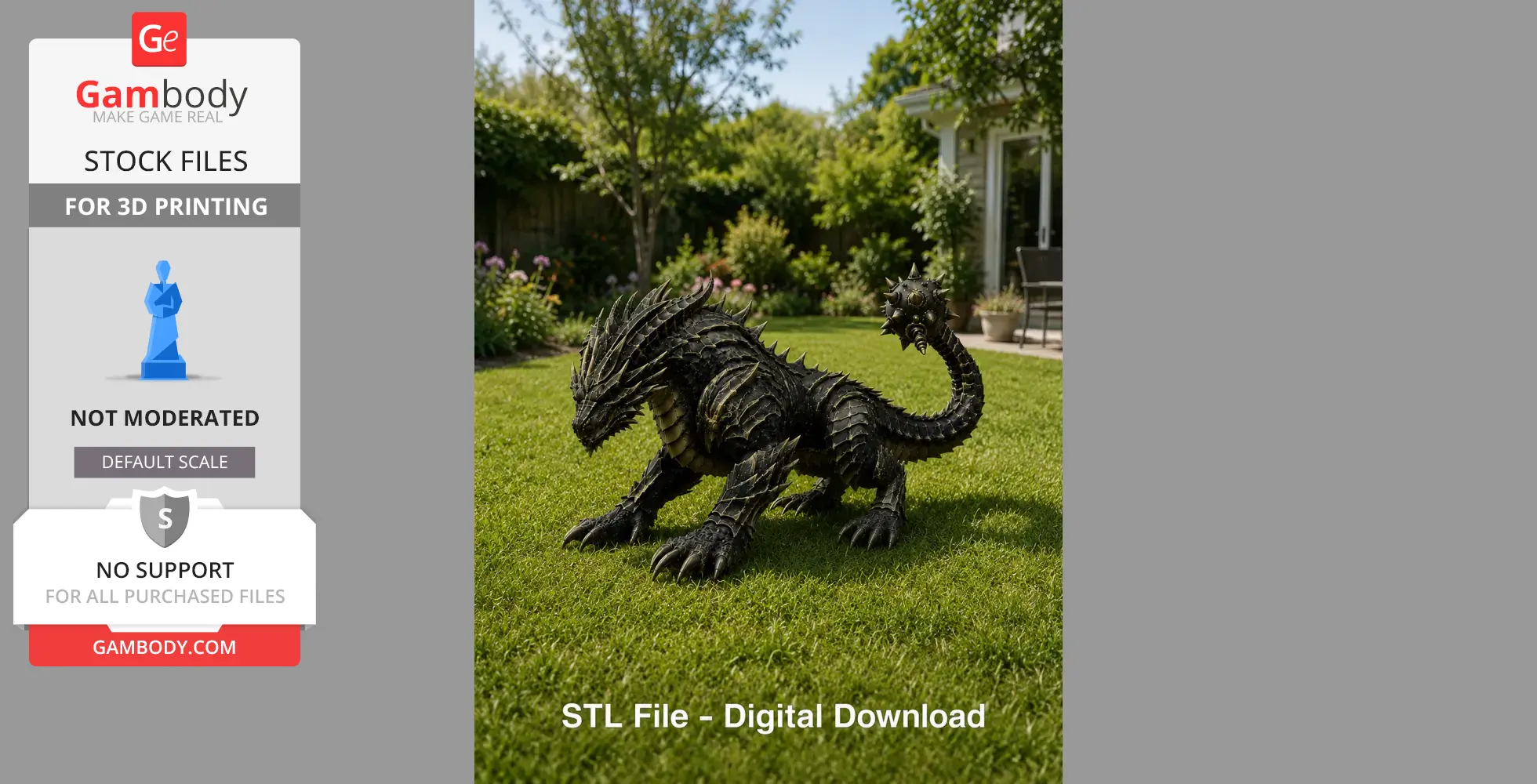 A 3D model of a spiky ironclad dragon on grass, ready for 3D printing.