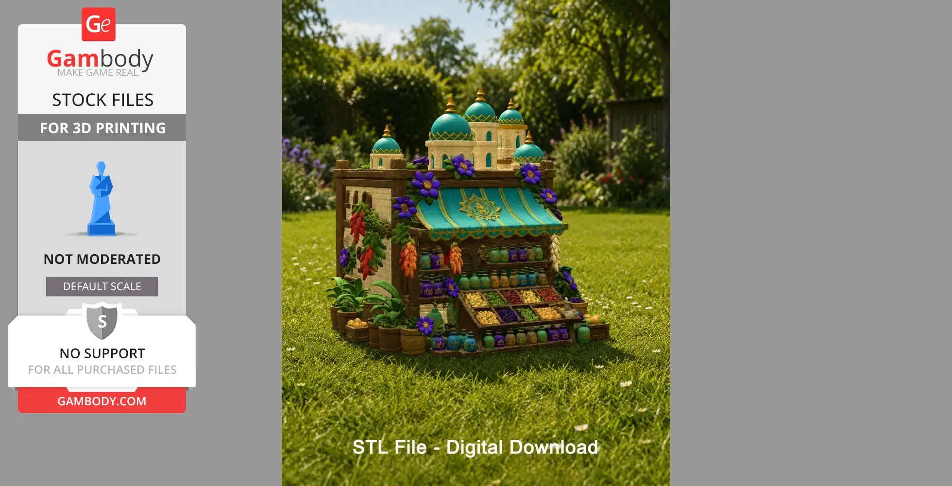 Ornate 3D model of a Middle Eastern bazaar with domed roofs, spices, and potions, set in a garden.