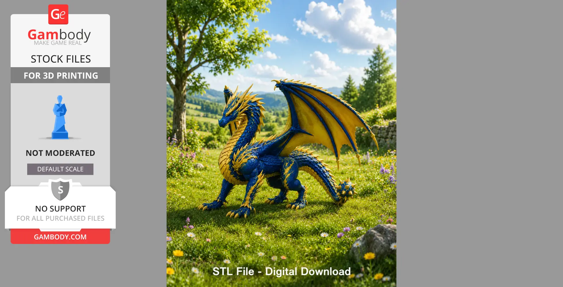 A blue and gold dragon with wings stands majestically in a vibrant meadow under a bright sky.