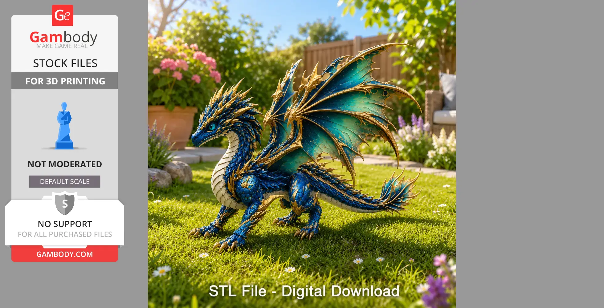 A detailed, colorful dragon with blue scales and elegant wings, posed in a grassy garden setting.