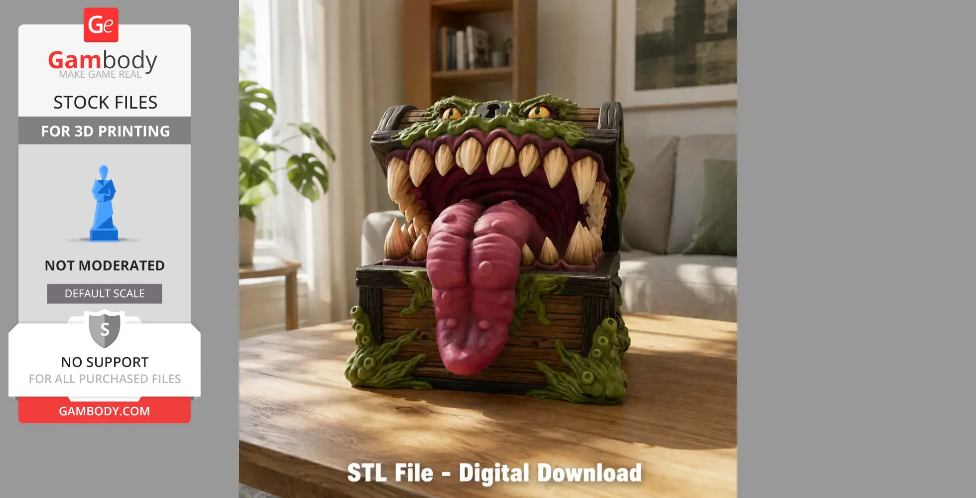 A treasure chest with monster features: sharp teeth, eyes, and a large tongue, designed for 3D printing.