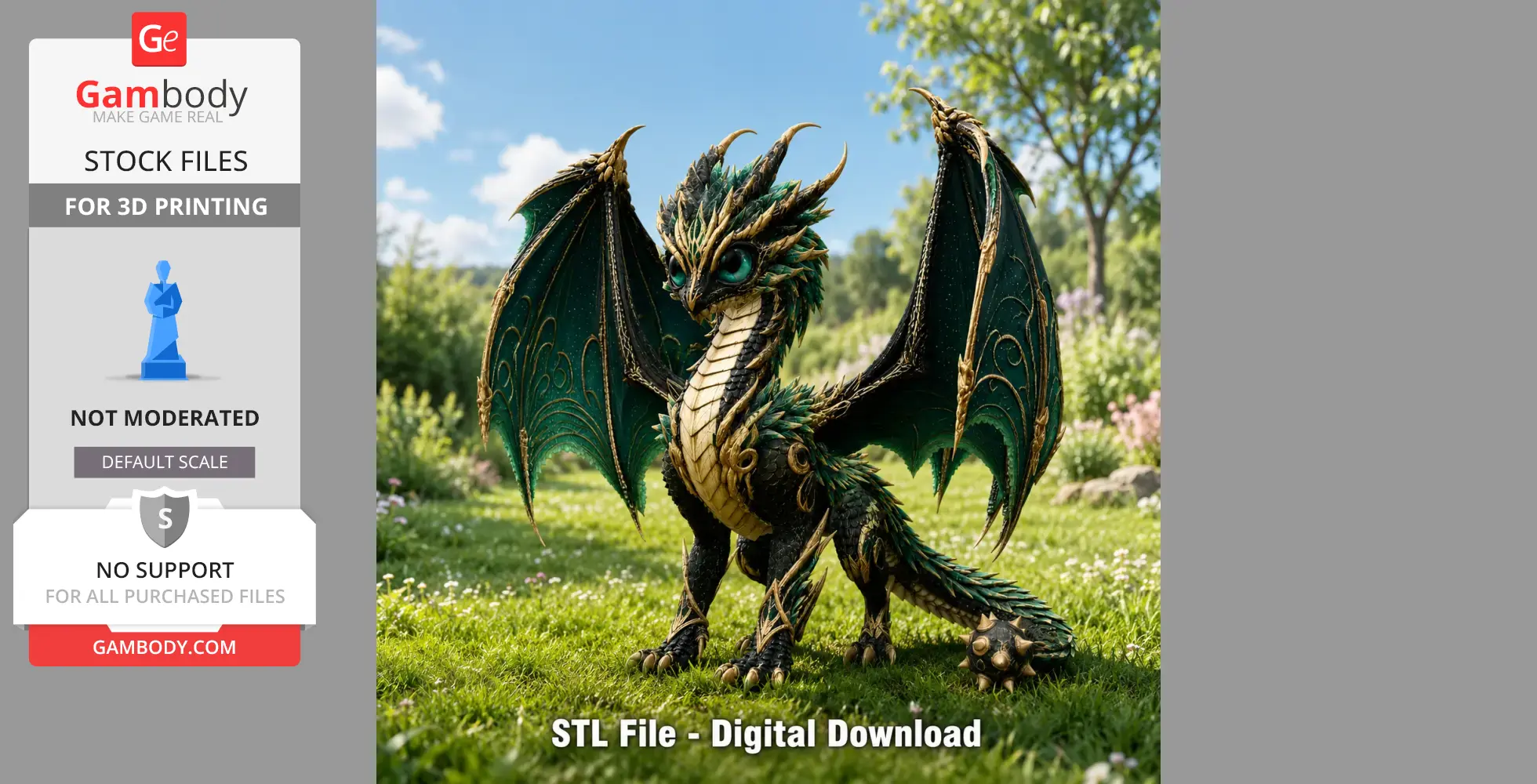 A detailed model of an Emerald Crown Dragon with ornate wings, ideal for 3D printing.