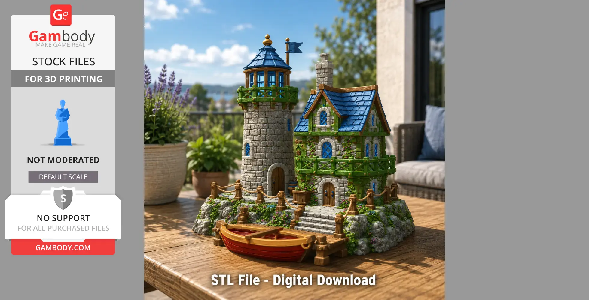 Charming coastal lighthouse cottage with a stone tower, blue roofs, and a wooden boat beside.