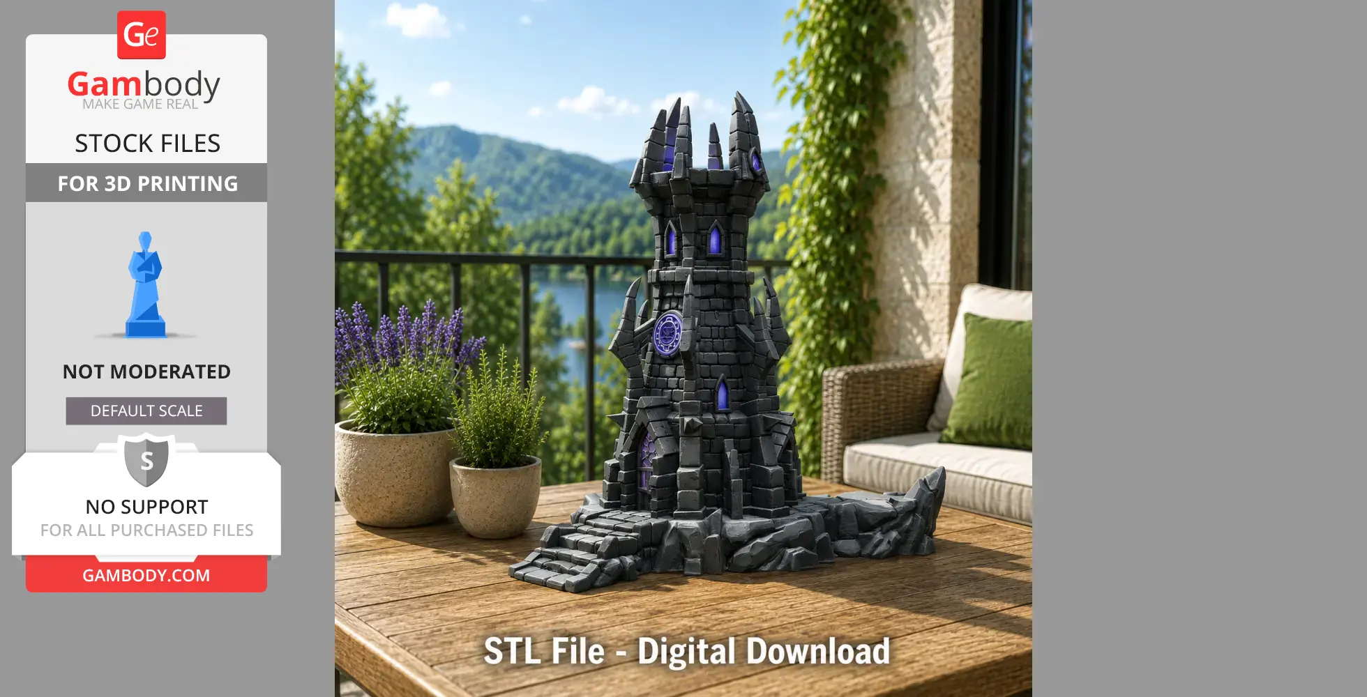 Stone tower model with purple accents on a patio table, surrounded by plants, lake view in the background.
