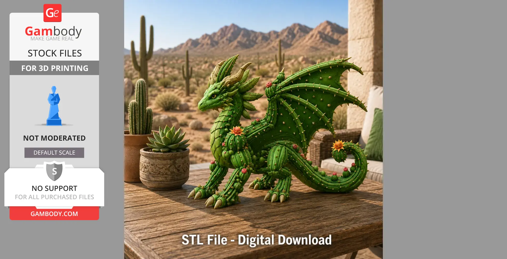 A cactus-themed dragon figurine with orange flowers, set in a desert landscape with cacti in the background.