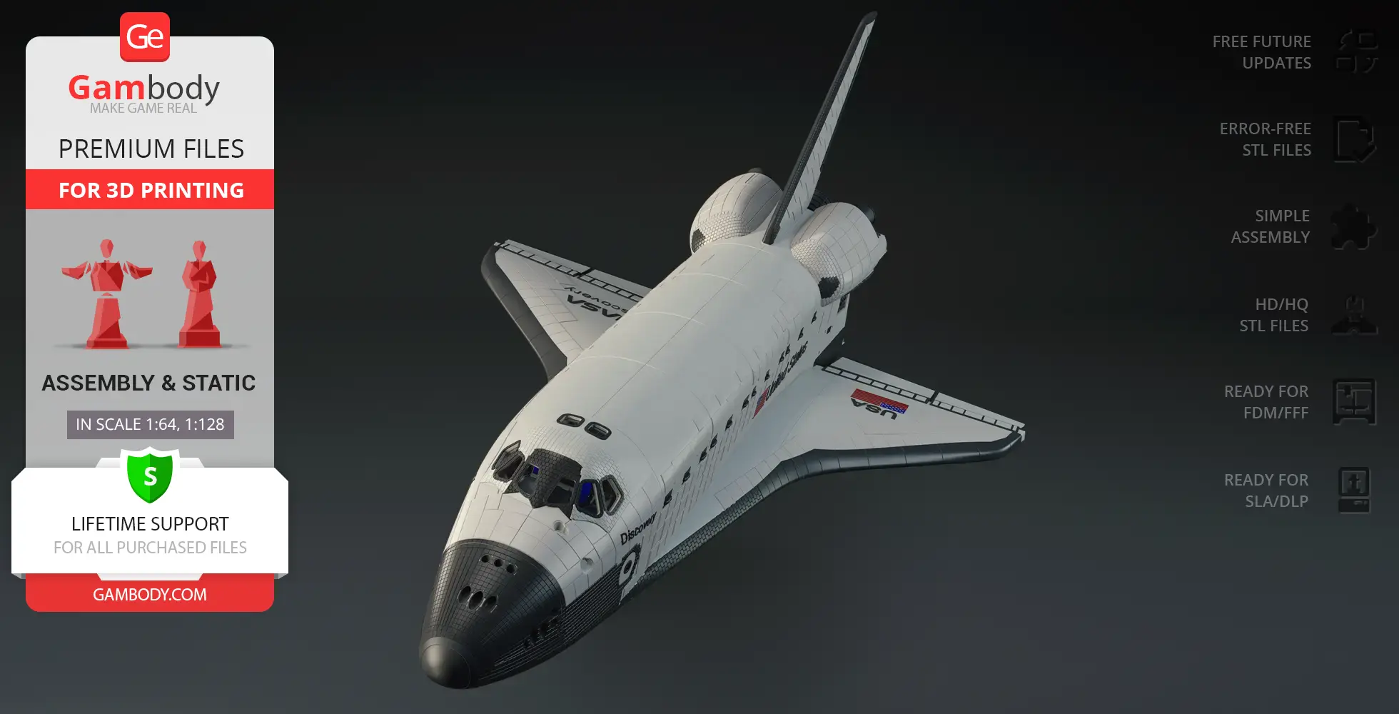 3D model of a space shuttle for printing, featuring realistic details and labeled by Gambody.