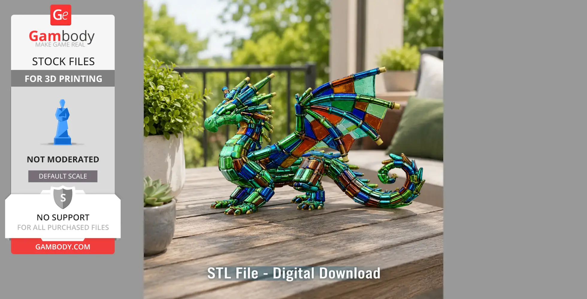 A colorful stained glass dragon model on a wooden table, set in a lush outdoor setting.