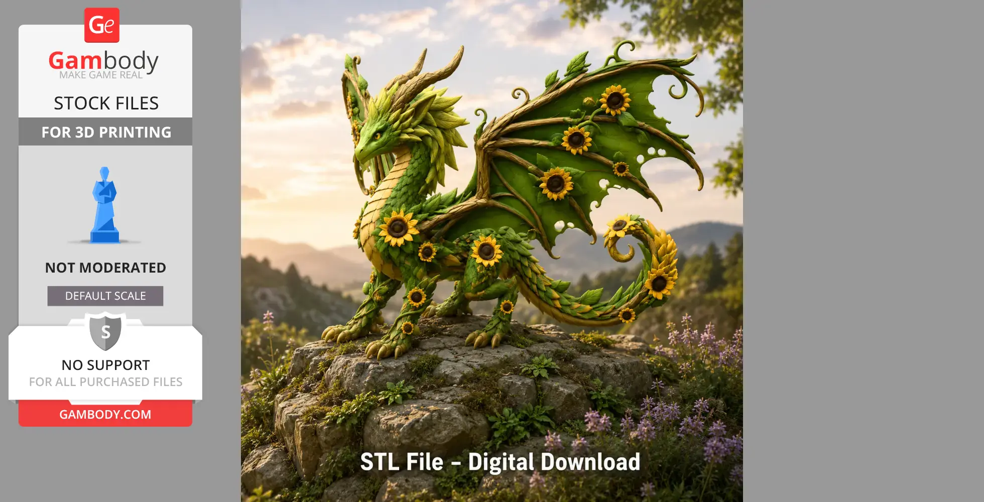 A green dragon adorned with sunflowers, perched on a rocky base with a scenic meadow backdrop.