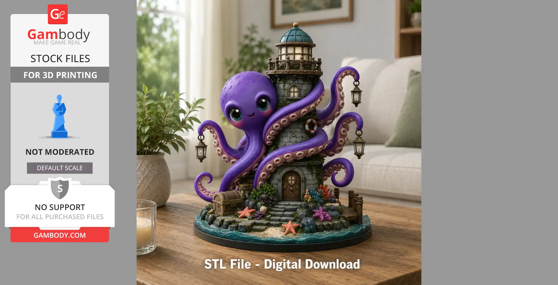 Cute purple octopus wrapped around a detailed lighthouse, holding lanterns with a scenic ocean base.
