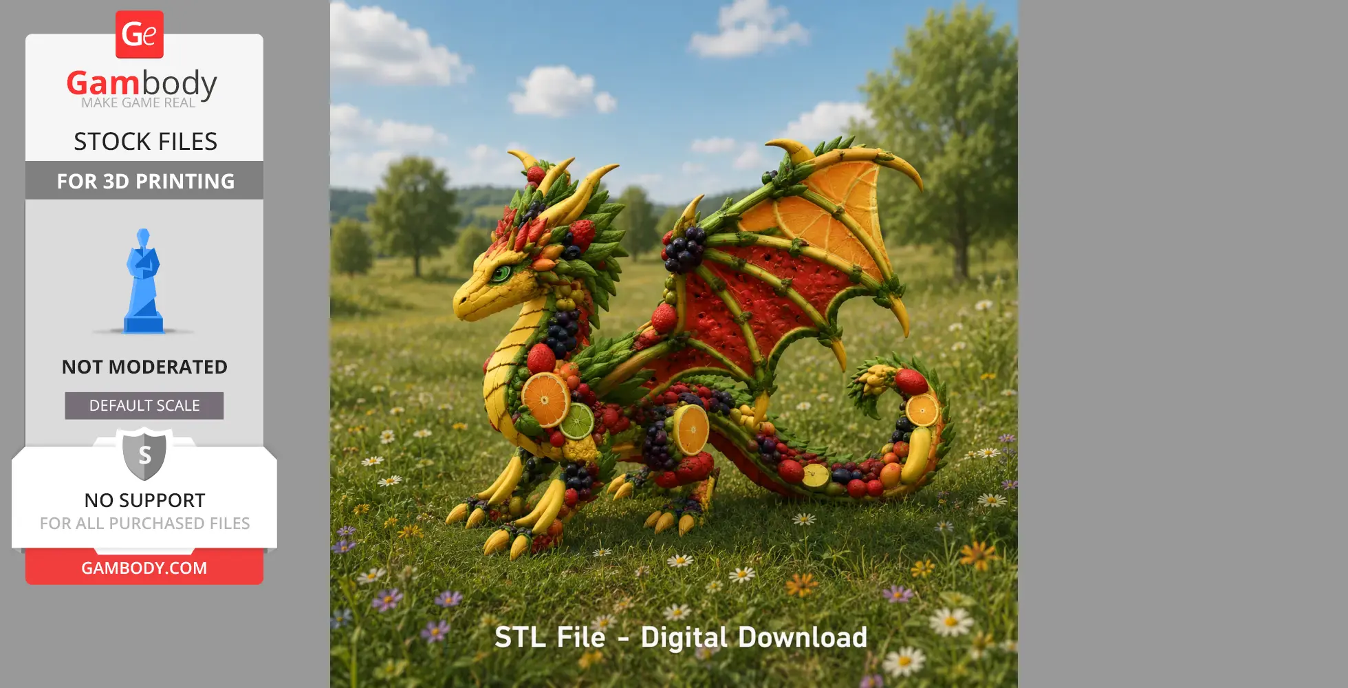 A colorful dragon composed of assorted fruits, in a grassy field with flowers and trees.