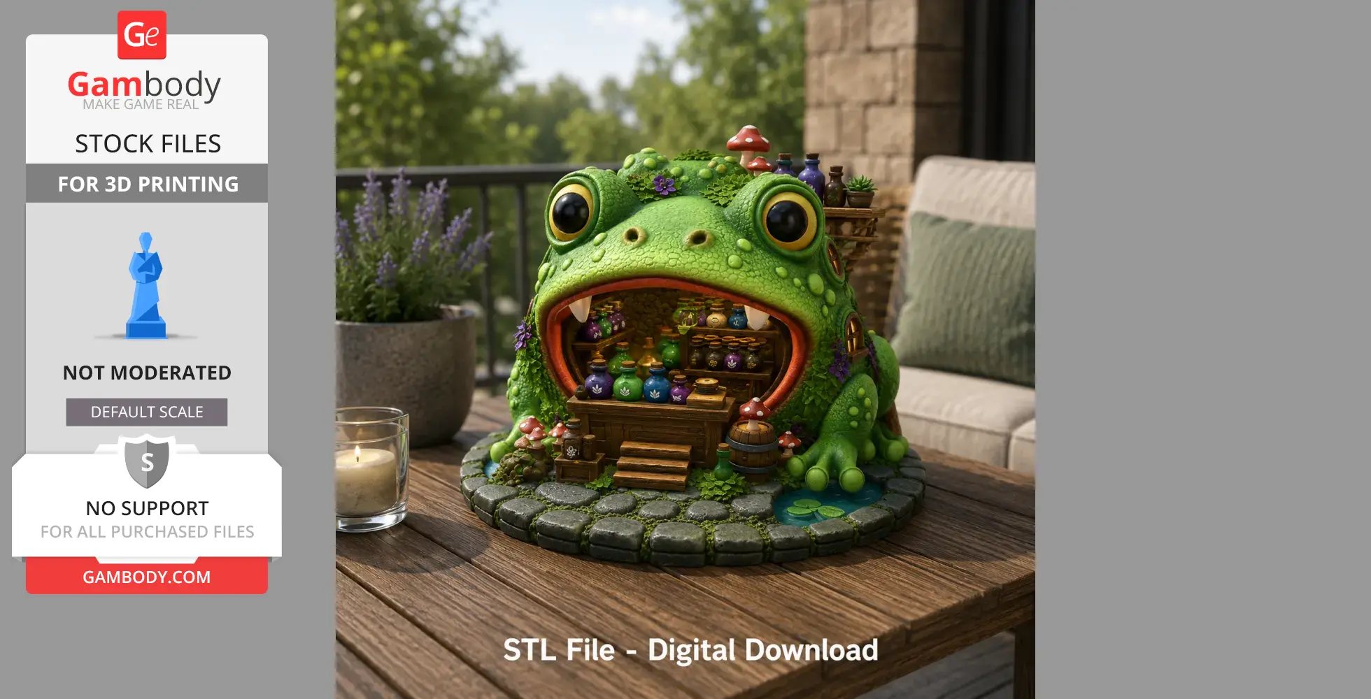 A whimsical frog-shaped apothecary filled with colorful potions and mushrooms, designed for 3D printing.