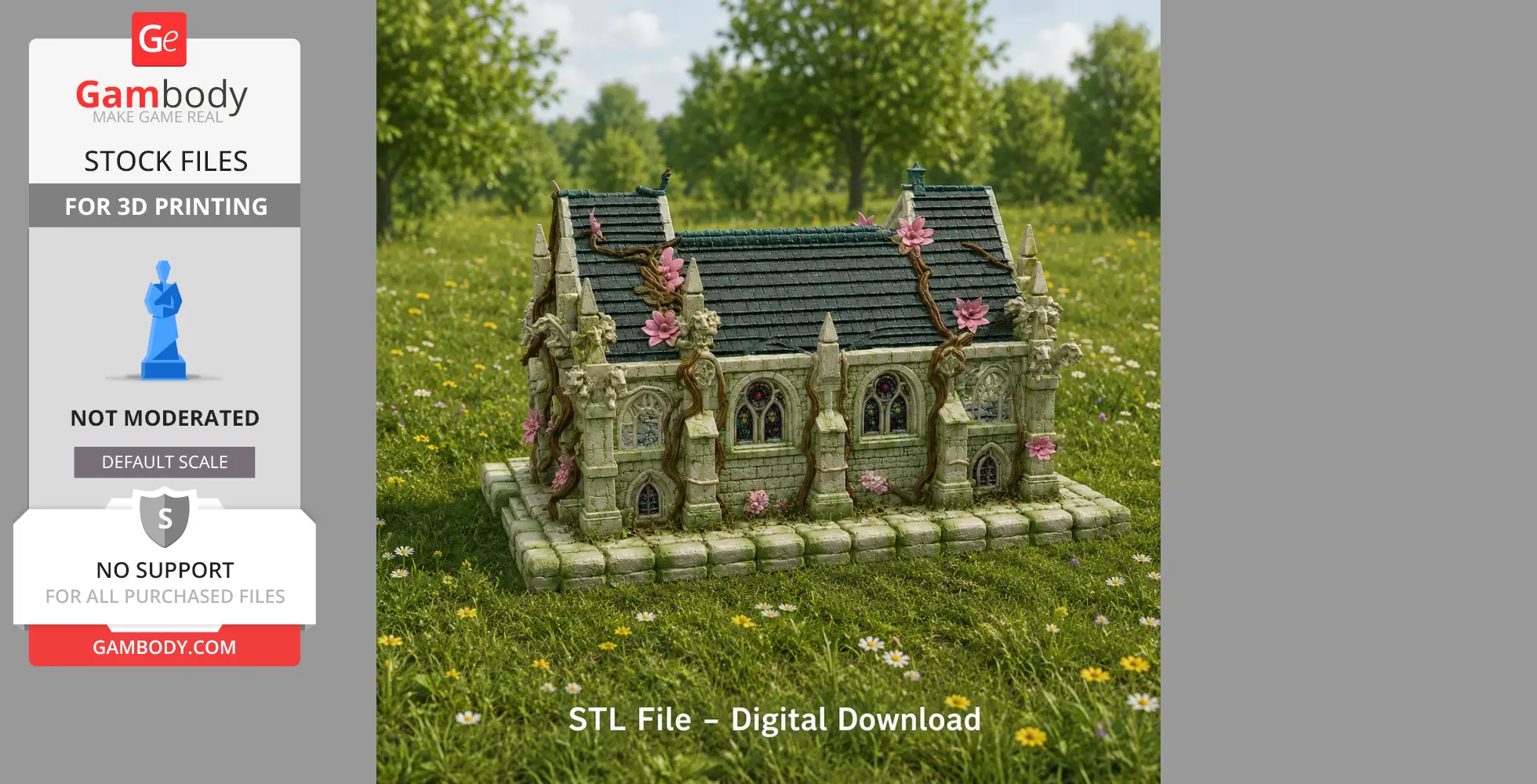 Ornate cathedral model with flowers and vines, set on a lush grassy field.
