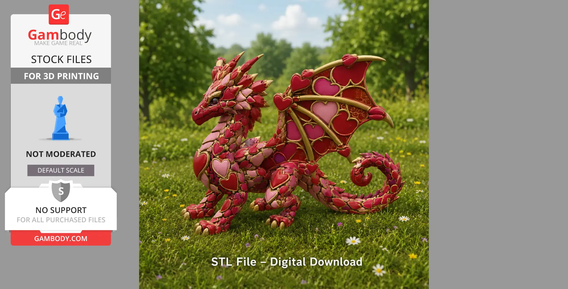 A colorful dragon model adorned with heart-shaped scales and wings, ideal for 3D printing.
