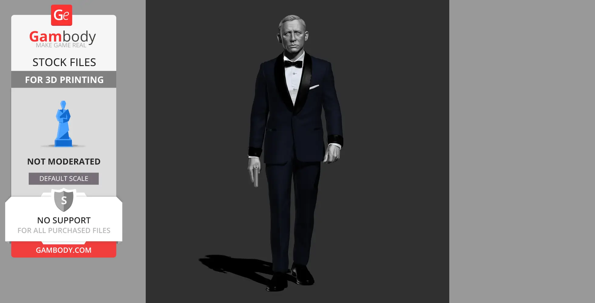 A 3D model of a man in a tuxedo holding a gun, resembling a classic spy character.
