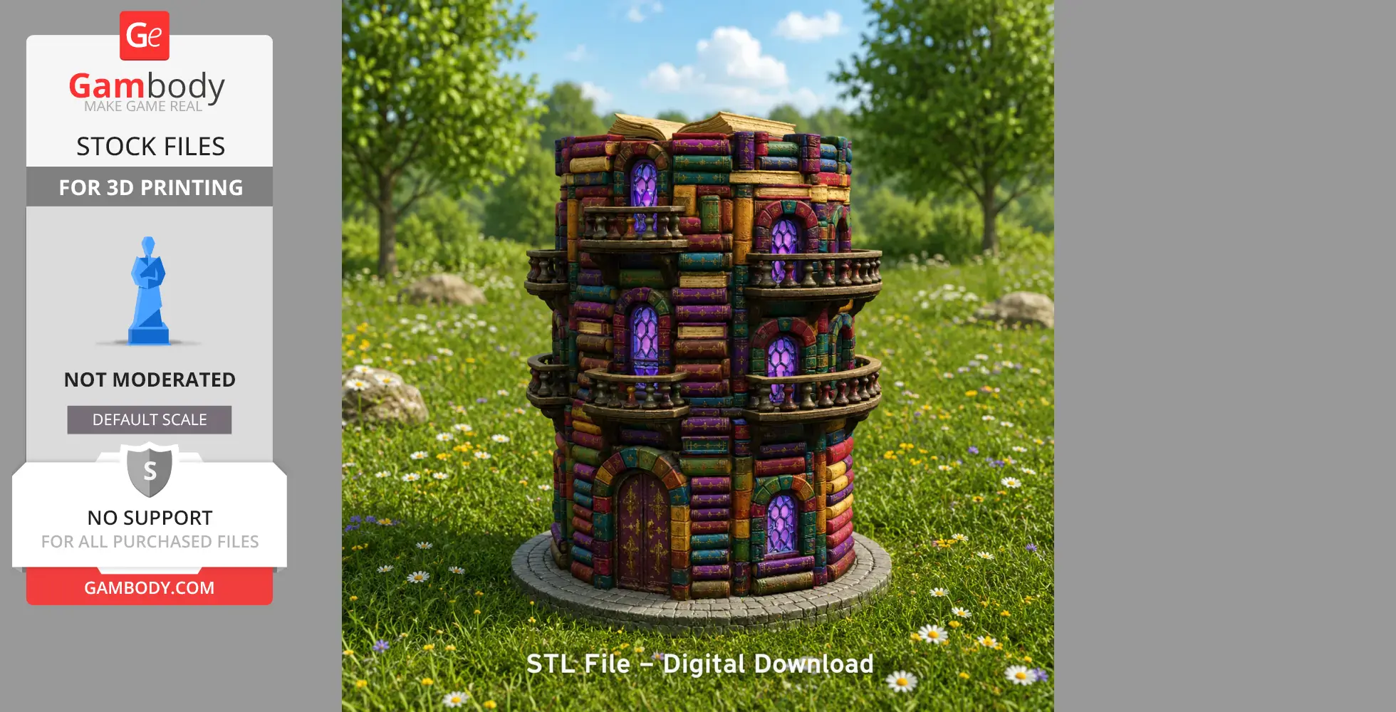 Colorful tower made of stacked books with purple stained glass windows, set in a grassy field with trees.