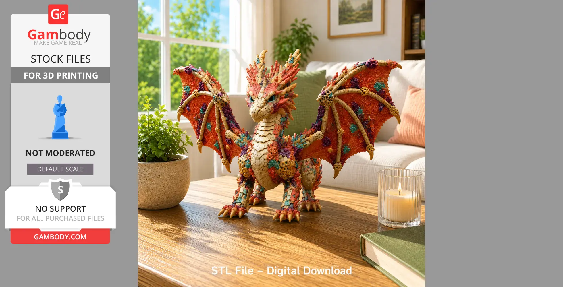 A colorful coral reef dragon figurine with intricate details, displayed on a wooden table.