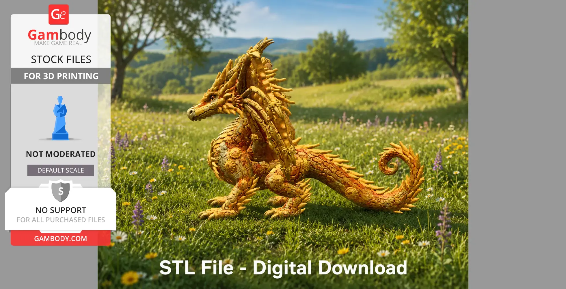 Golden dragon sculpture with spiky scales, curled tail, in a vibrant meadow setting.