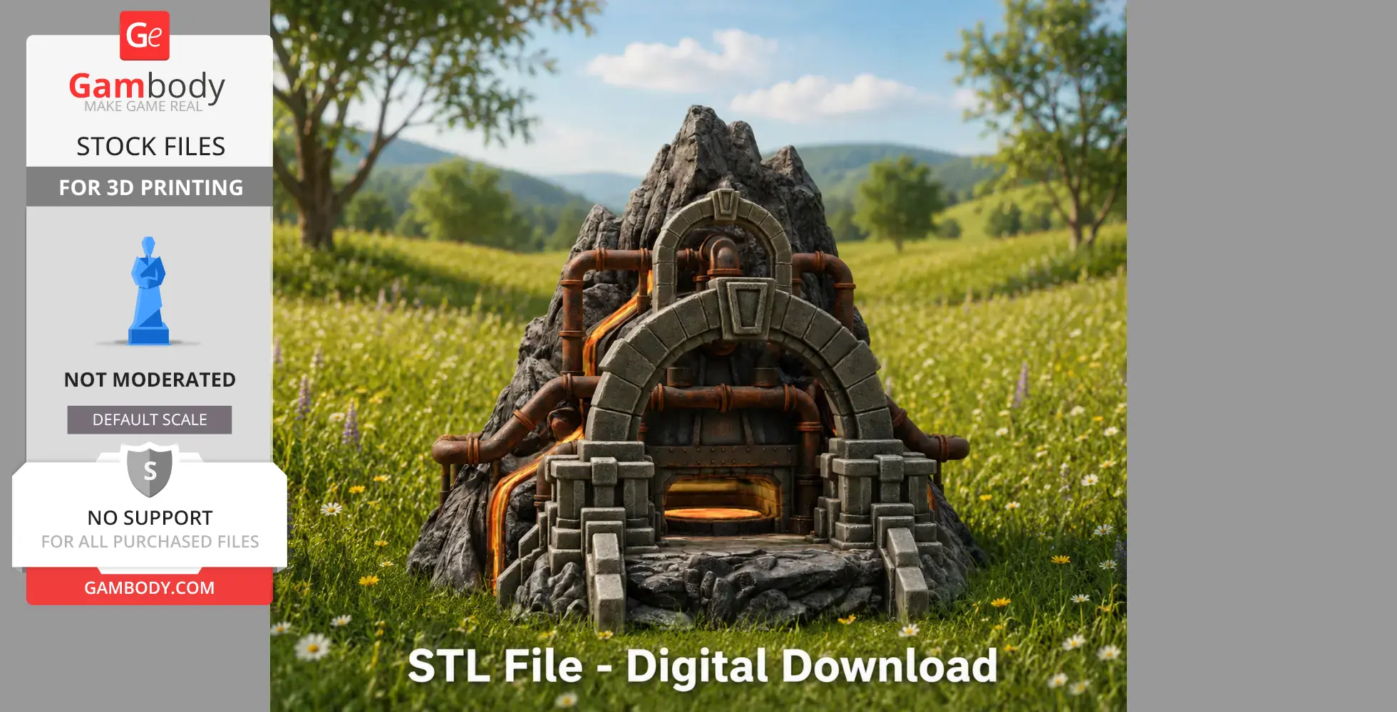 A Dwarven-themed lava forge with stone and metal details, set against a scenic grassy landscape.