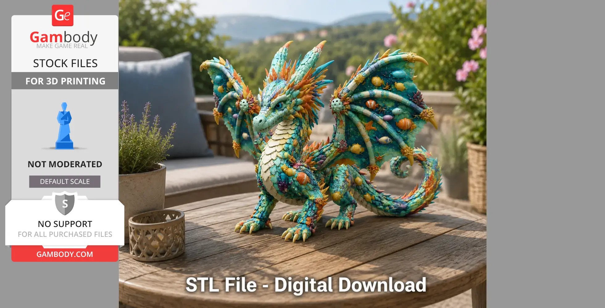A colorful, detailed dragon figurine with ocean-themed scales and wings, resting on a wooden table.