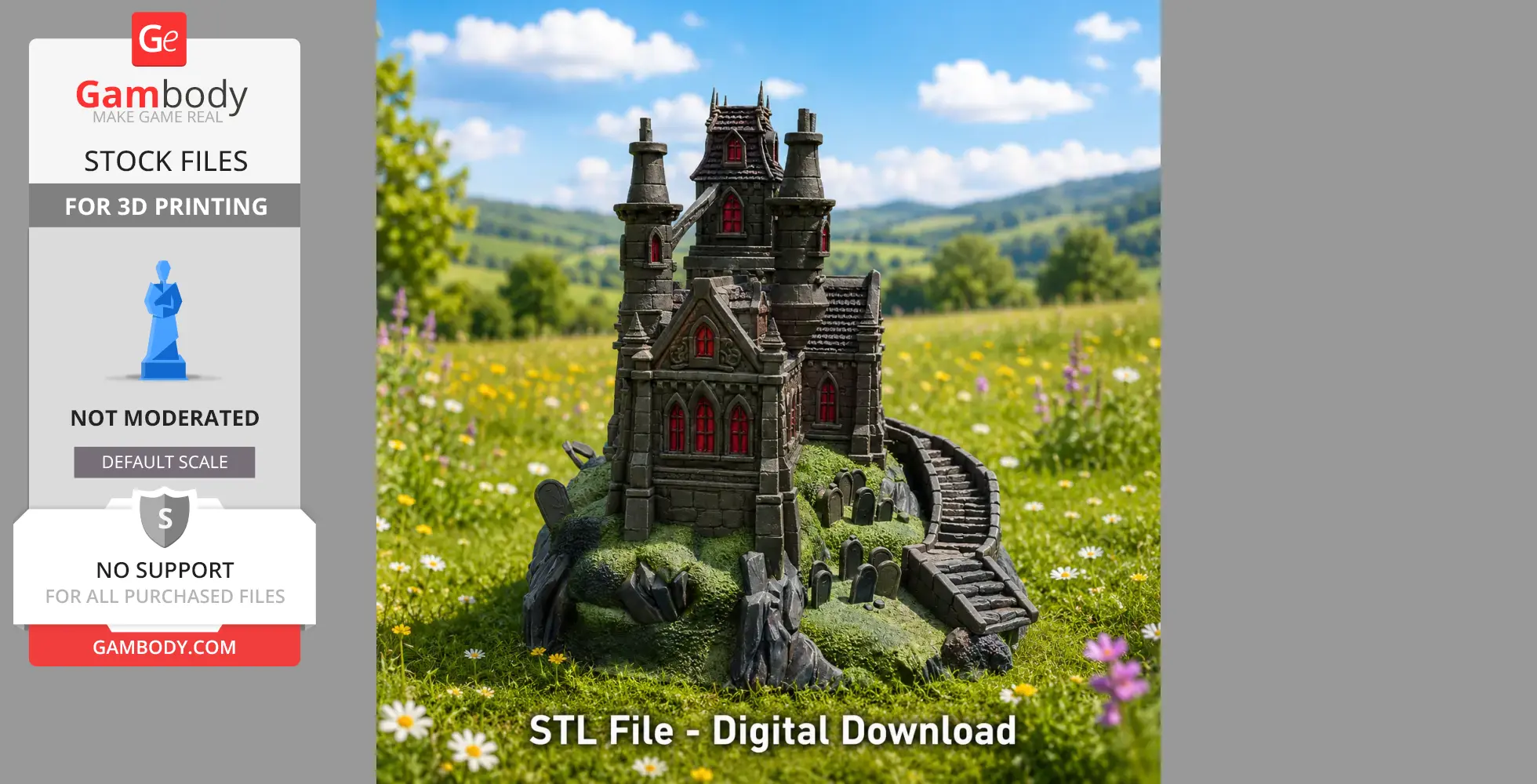 A detailed gothic manor with spires, red windows, and a winding staircase set in a grassy landscape.