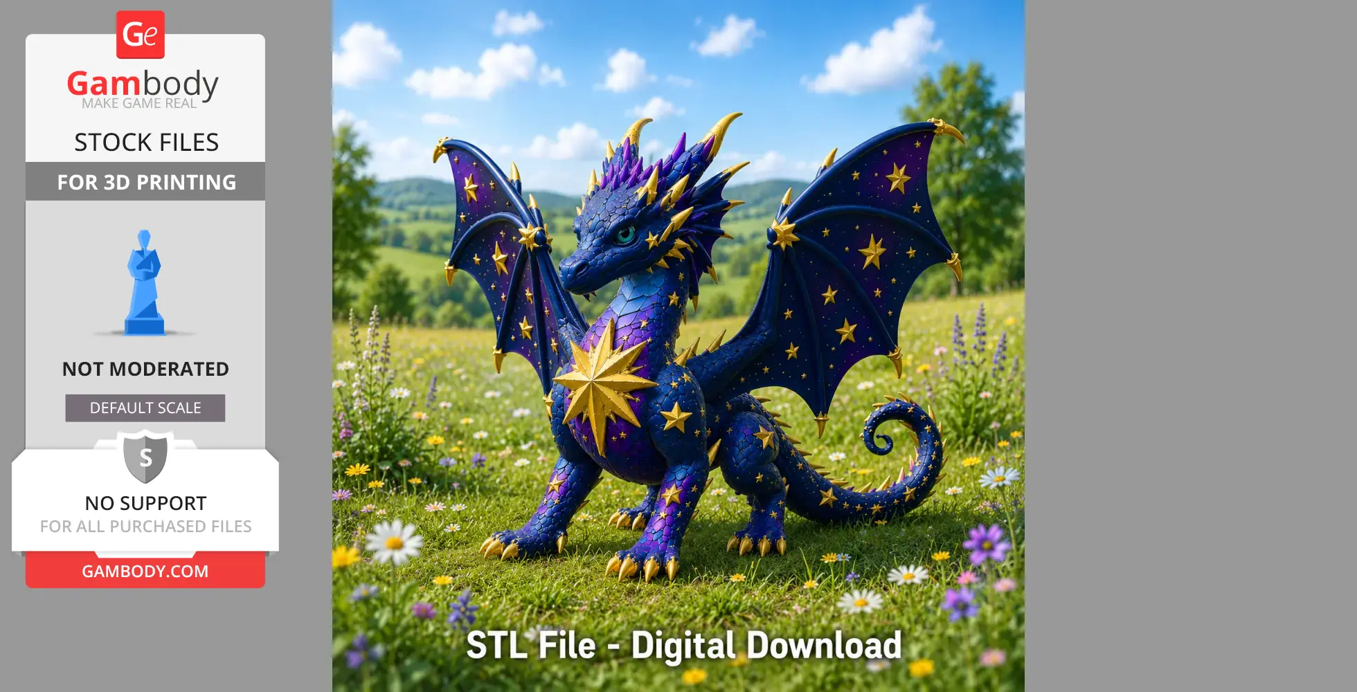 A vibrant blue and gold star-adorned dragon with large wings stands on a grassy field with wildflowers.