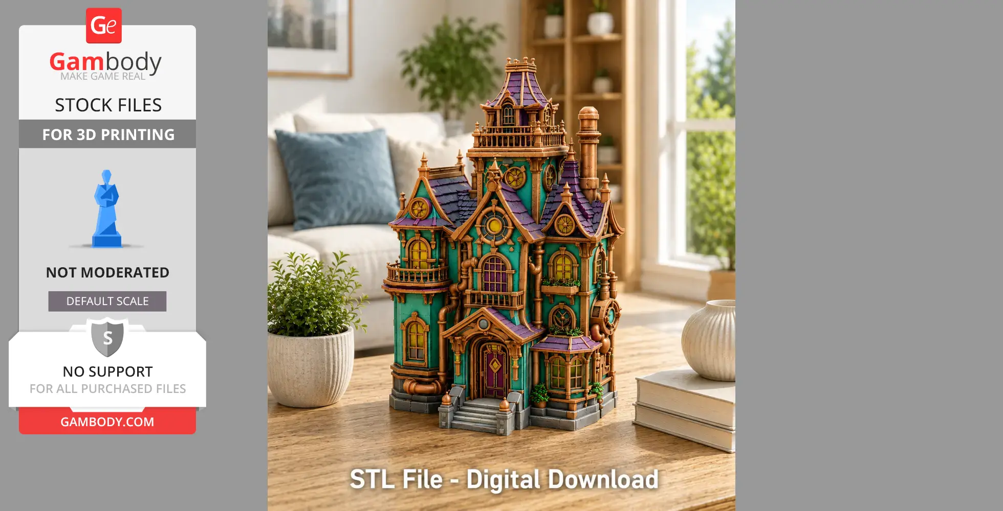 A whimsical steampunk manor model with intricate details, suitable for 3D printing.