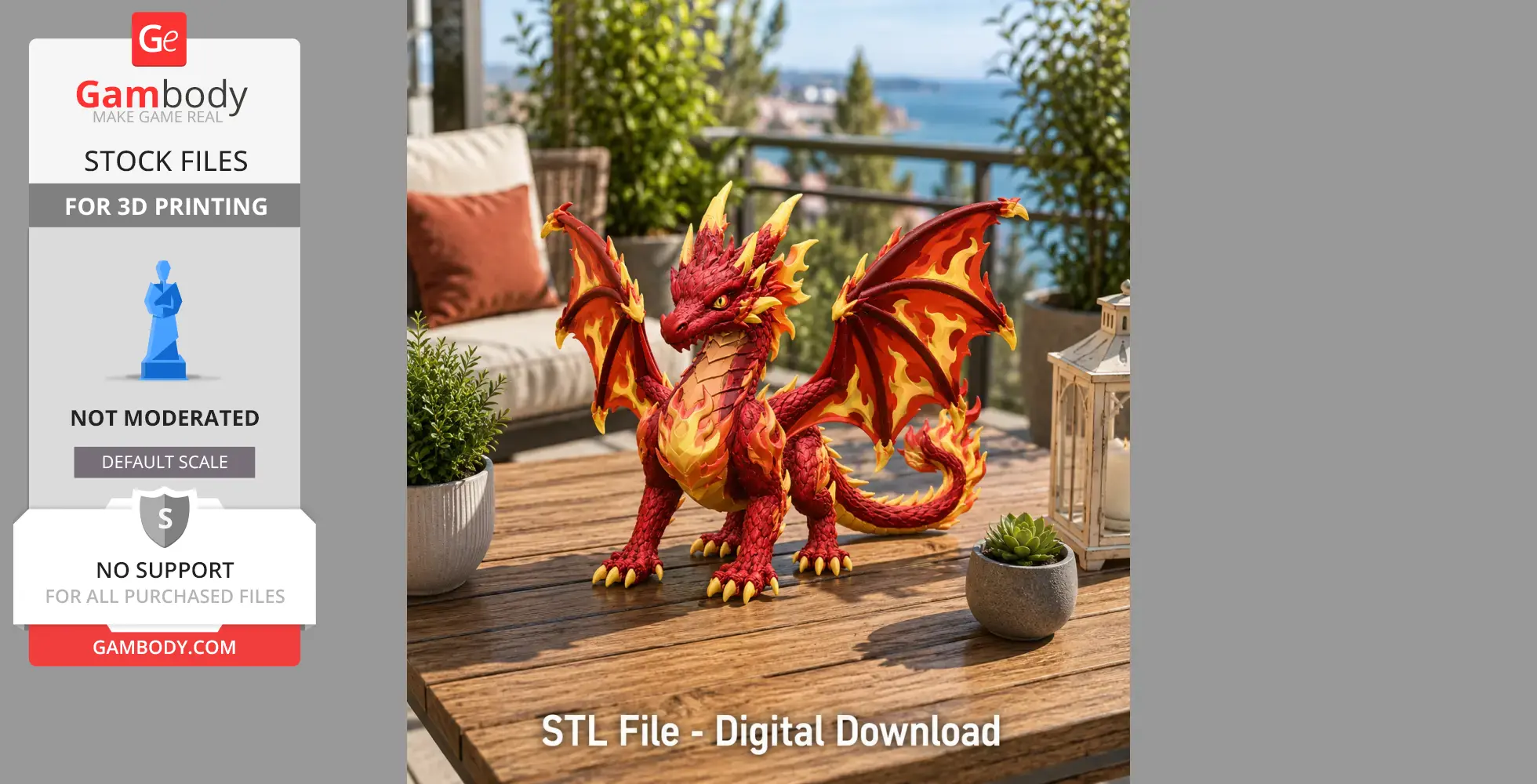 A detailed red and yellow dragon model with fiery wings displayed on a wooden table outdoors.