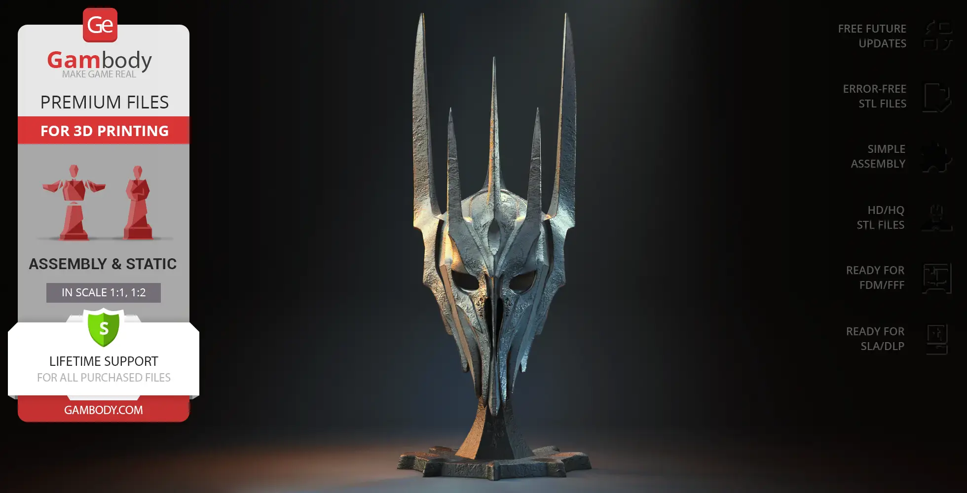 Ornate, spiked helmet with menacing eye slits, inspired by Sauron, for 3D printing and cosplay.