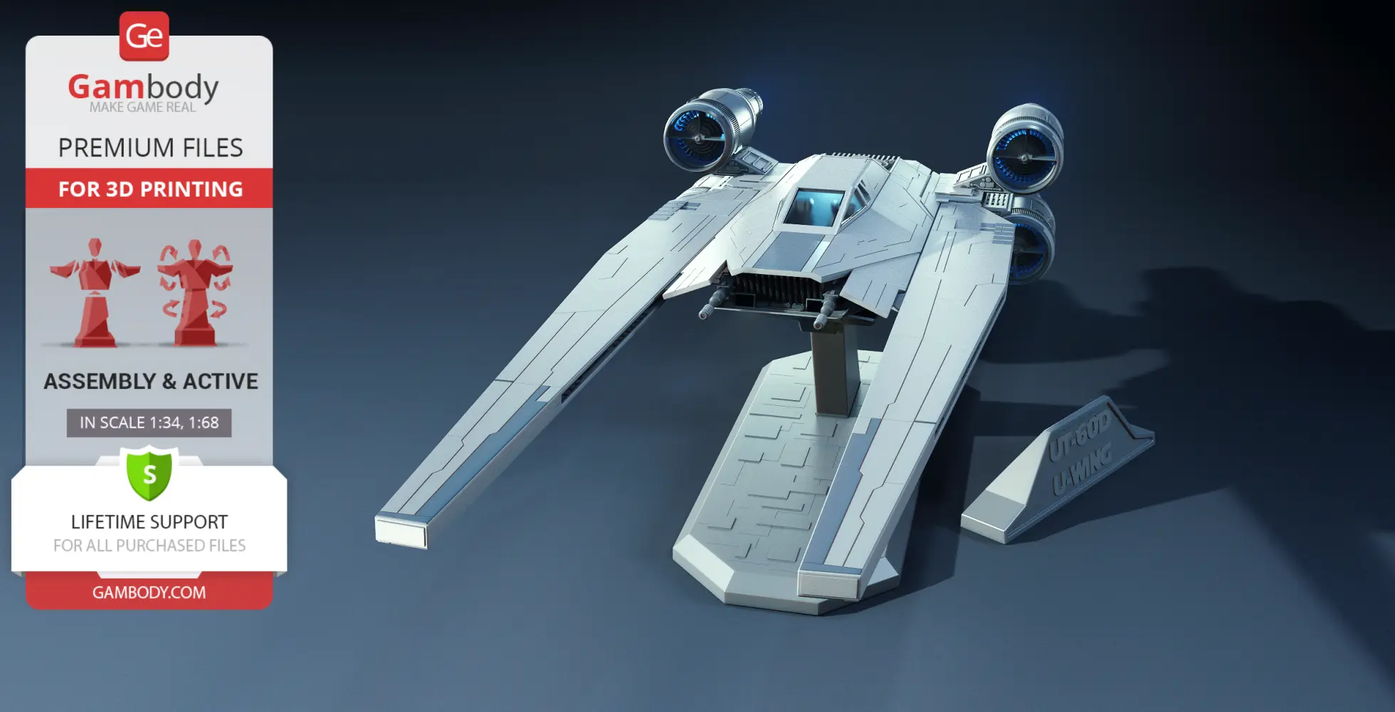 3D model of Star Wars U-Wing Starfighter on stand, ready for 3D printing with Gambody branding.