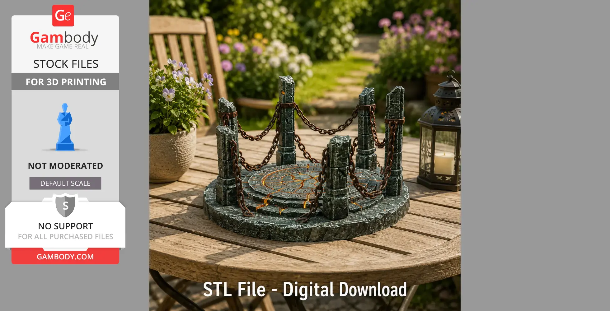 Circular stone portal with chains, surrounded by pillars, on a wooden table in a garden setting.