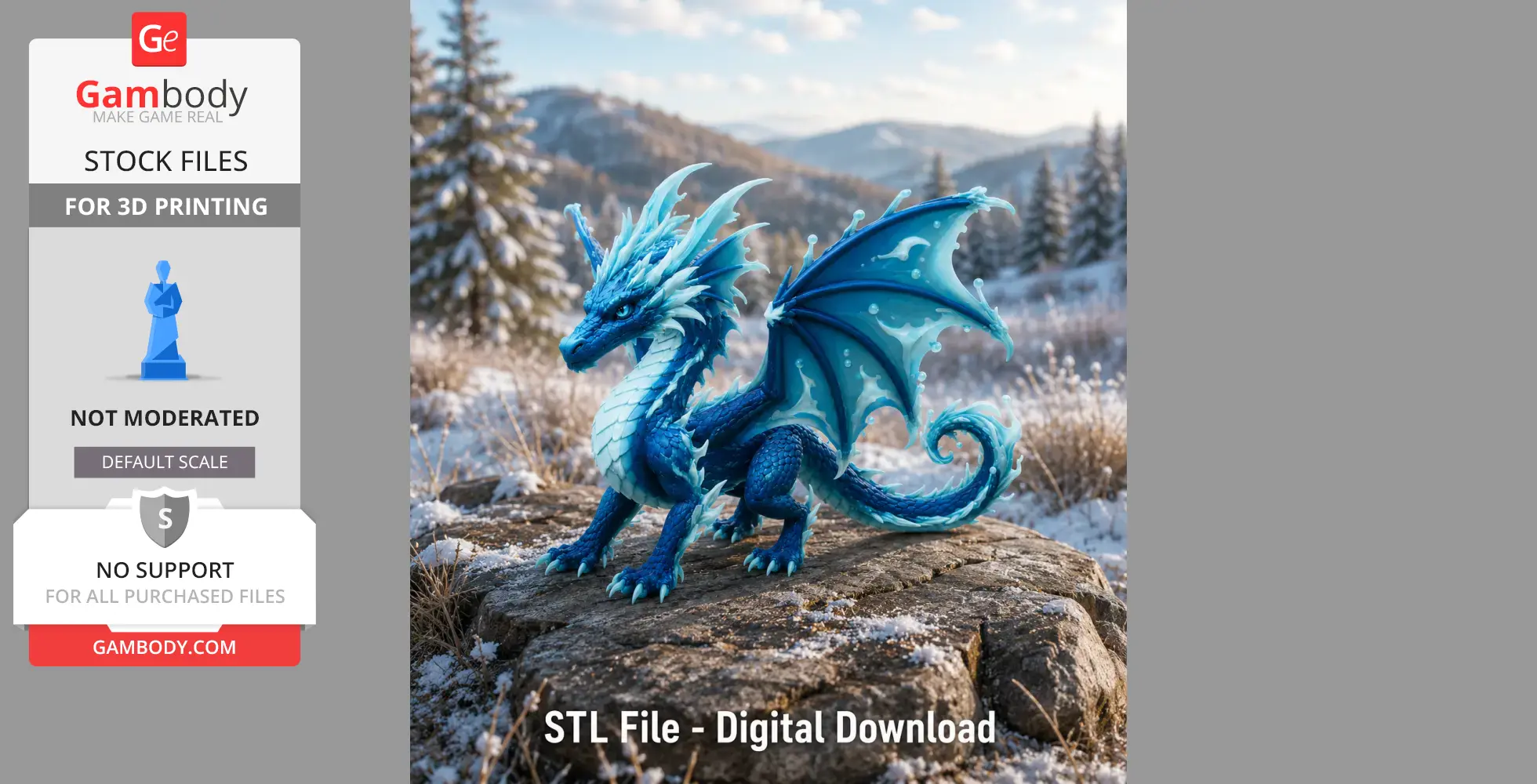 A blue dragon with icy wings stands on a snowy rock in a winter landscape.