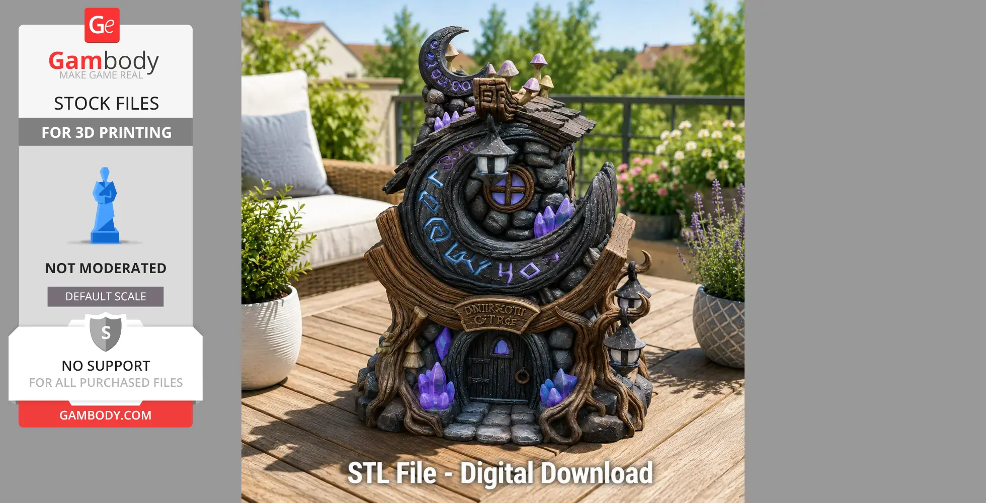 Whimsical stone cottage with crescent moon roof, purple crystals, and glowing runes.