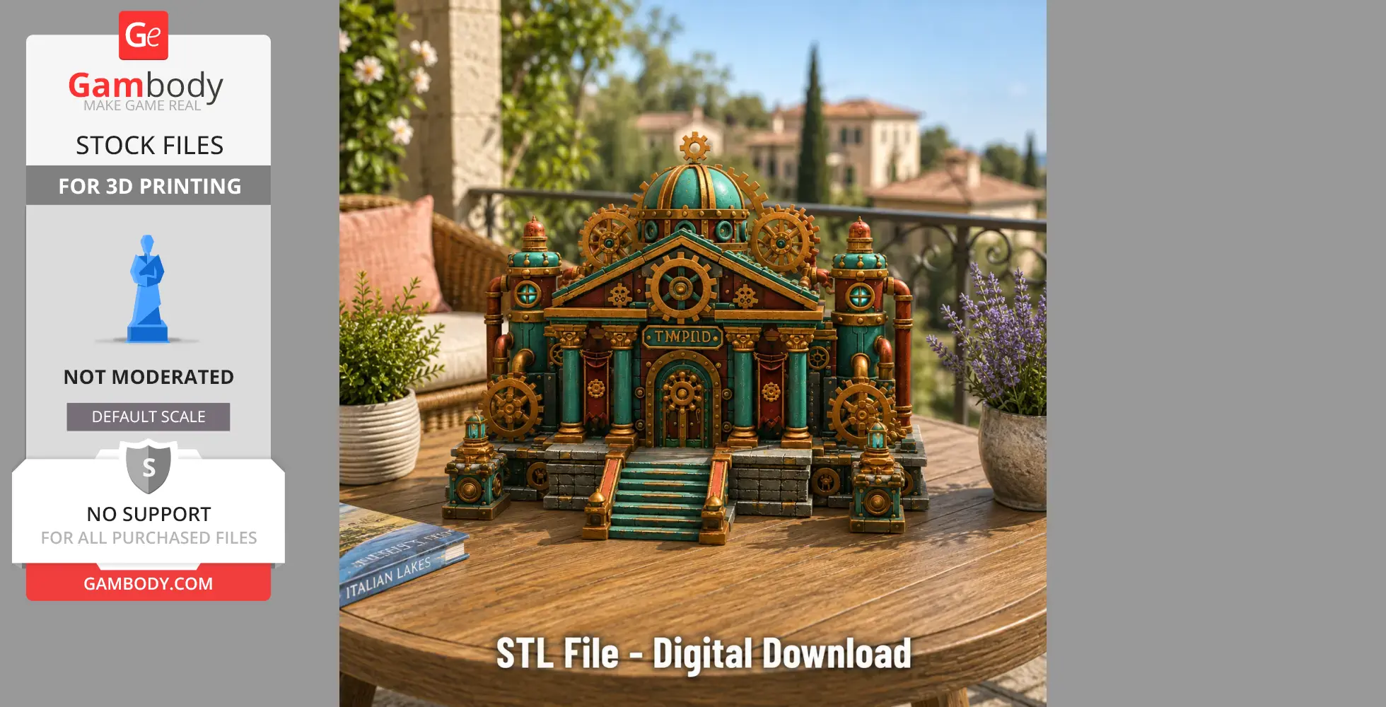 Steampunk castle model with gears and domes on a wooden table, suitable for 3D printing.