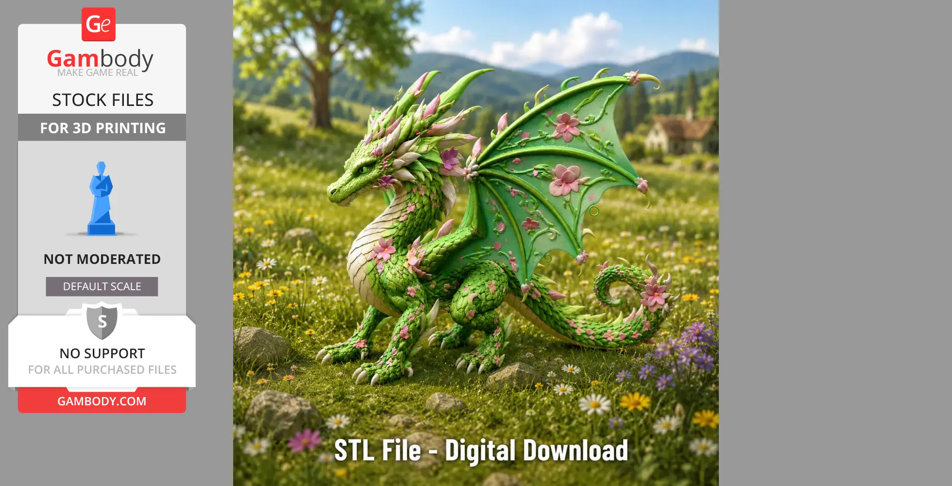 Green dragon with floral details stands in a colorful, blooming meadow.