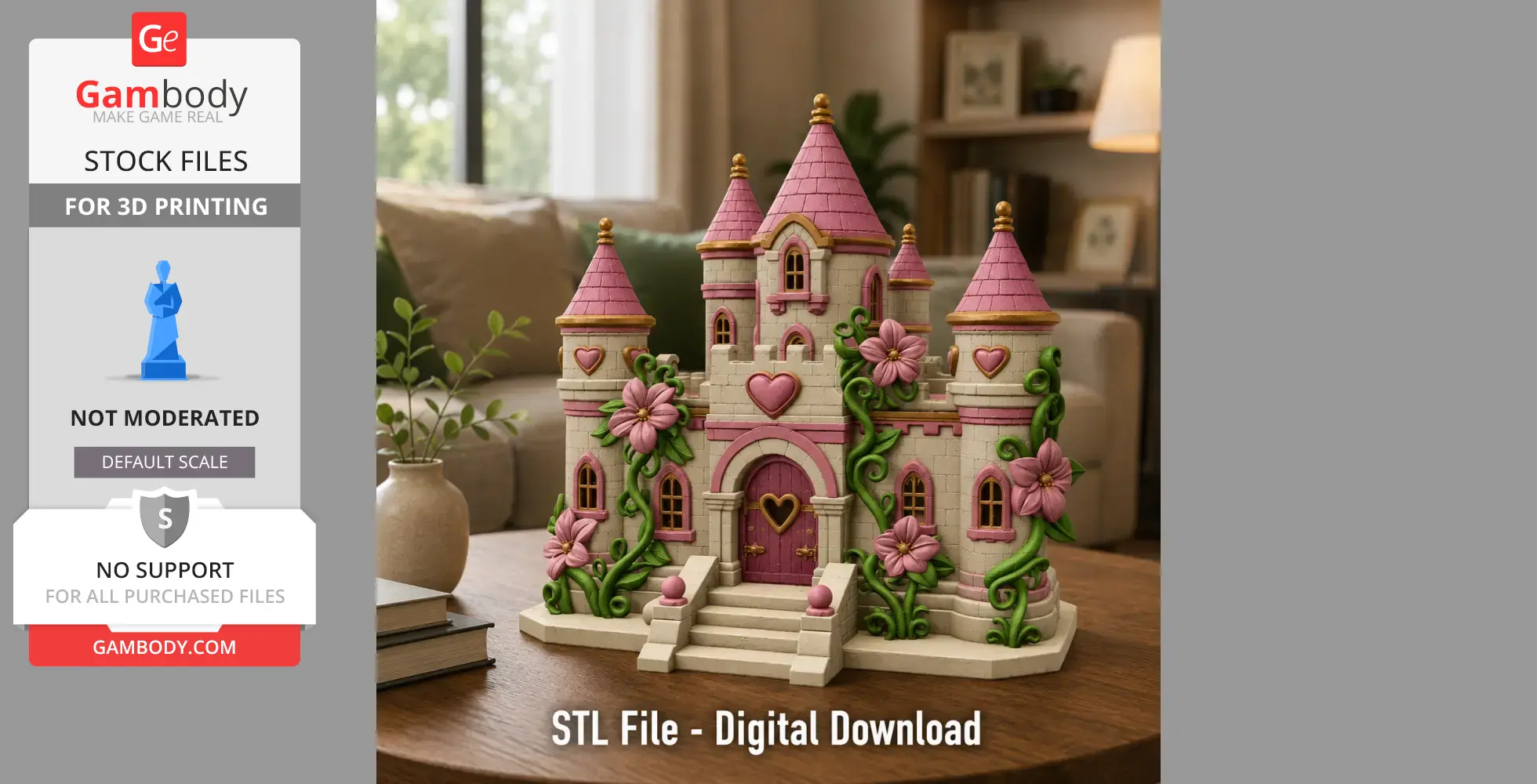 Whimsical castle model with pink towers, heart designs, and floral embellishments for 3D printing.