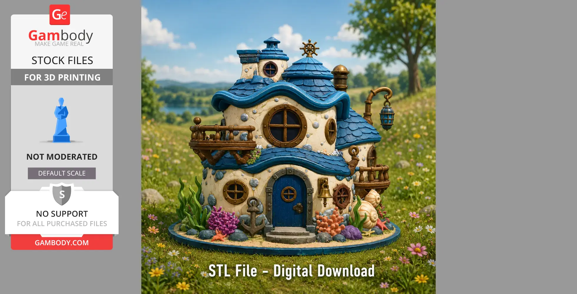 Whimsical seaside cottage with blue roof, round windows, and nautical details surrounded by flowers.