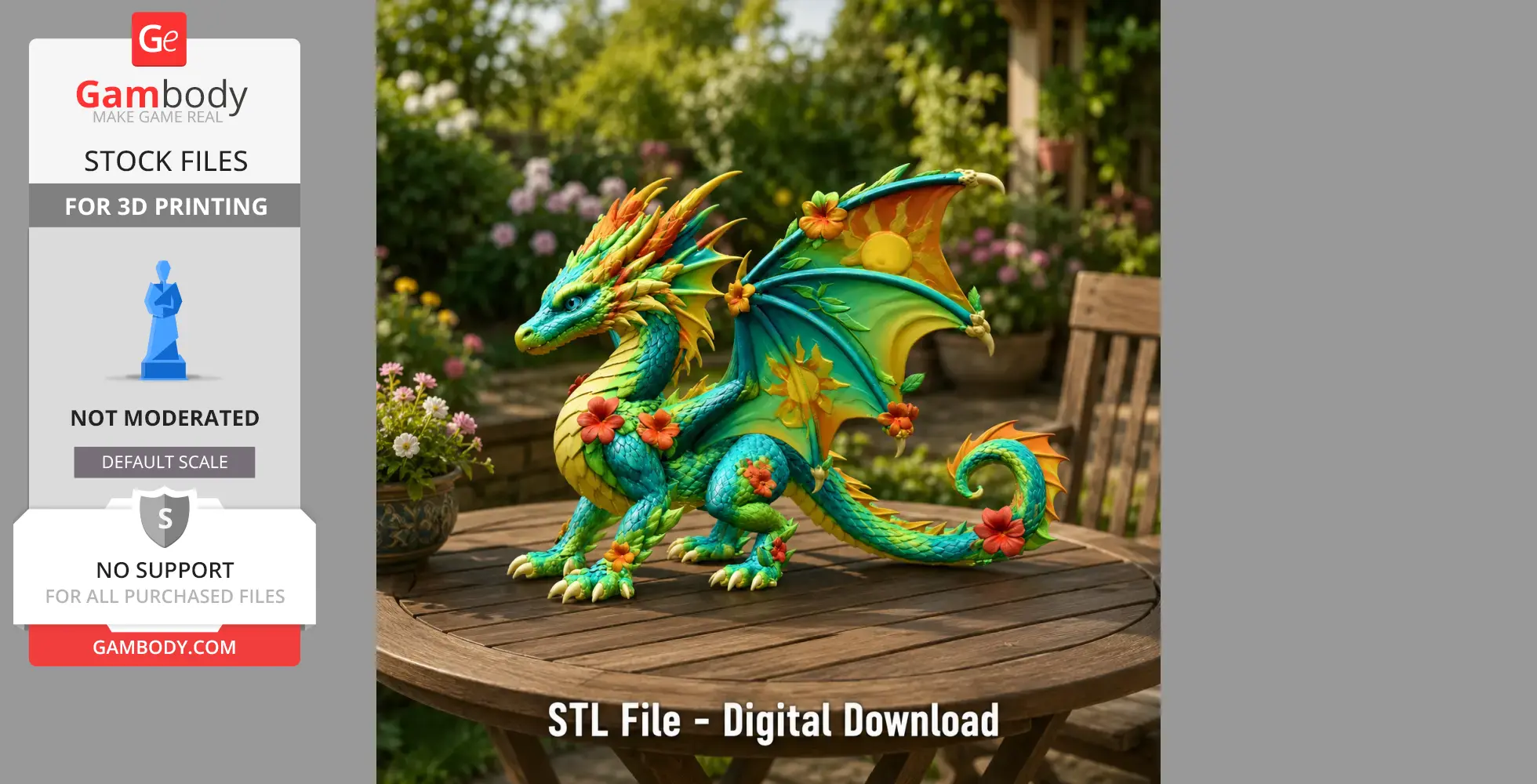 A colorful dragon figure with floral motifs, sitting on a wooden table in a garden setting.