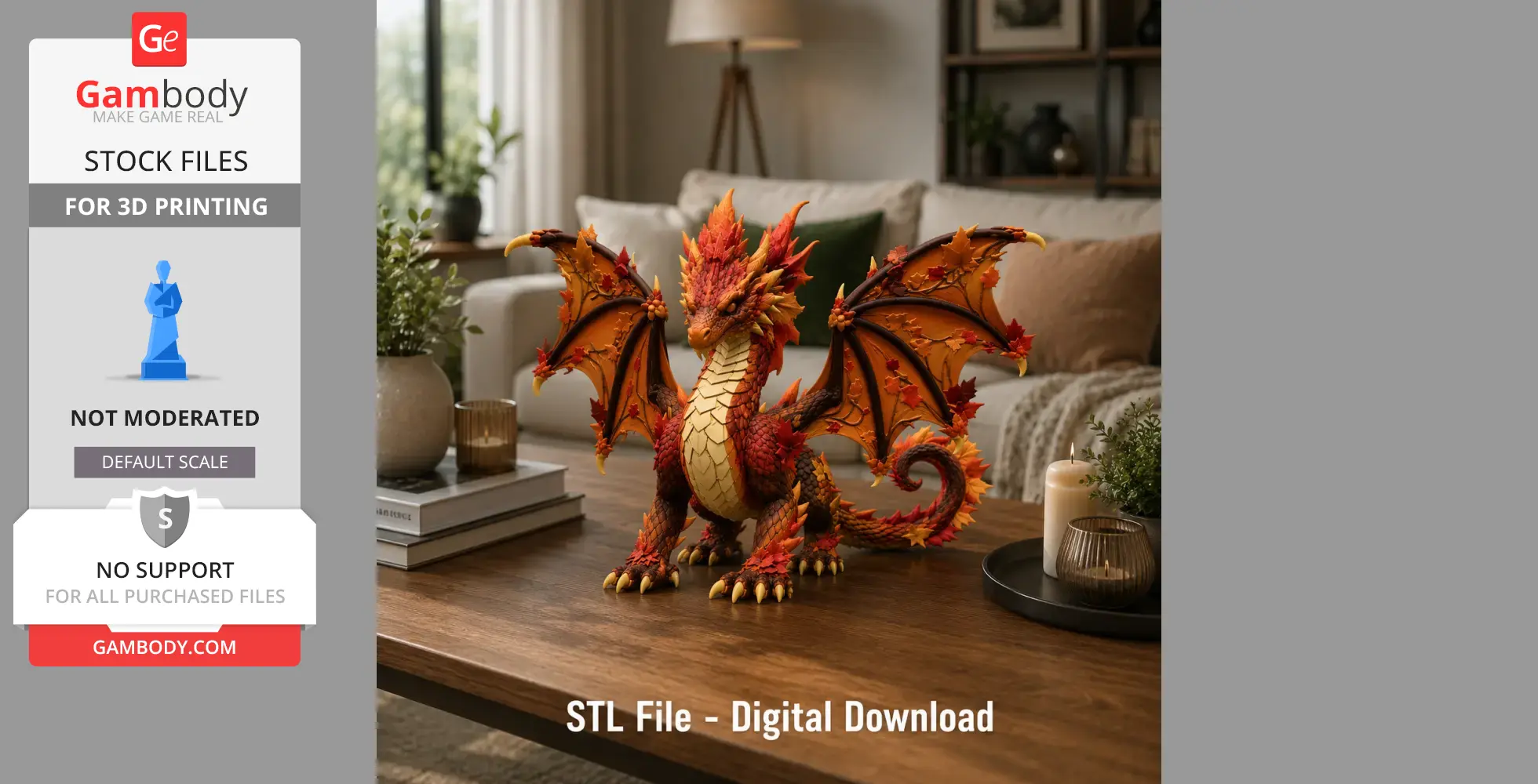 Fiery dragon model with autumn-themed scales and wings, placed on a cozy living room table.