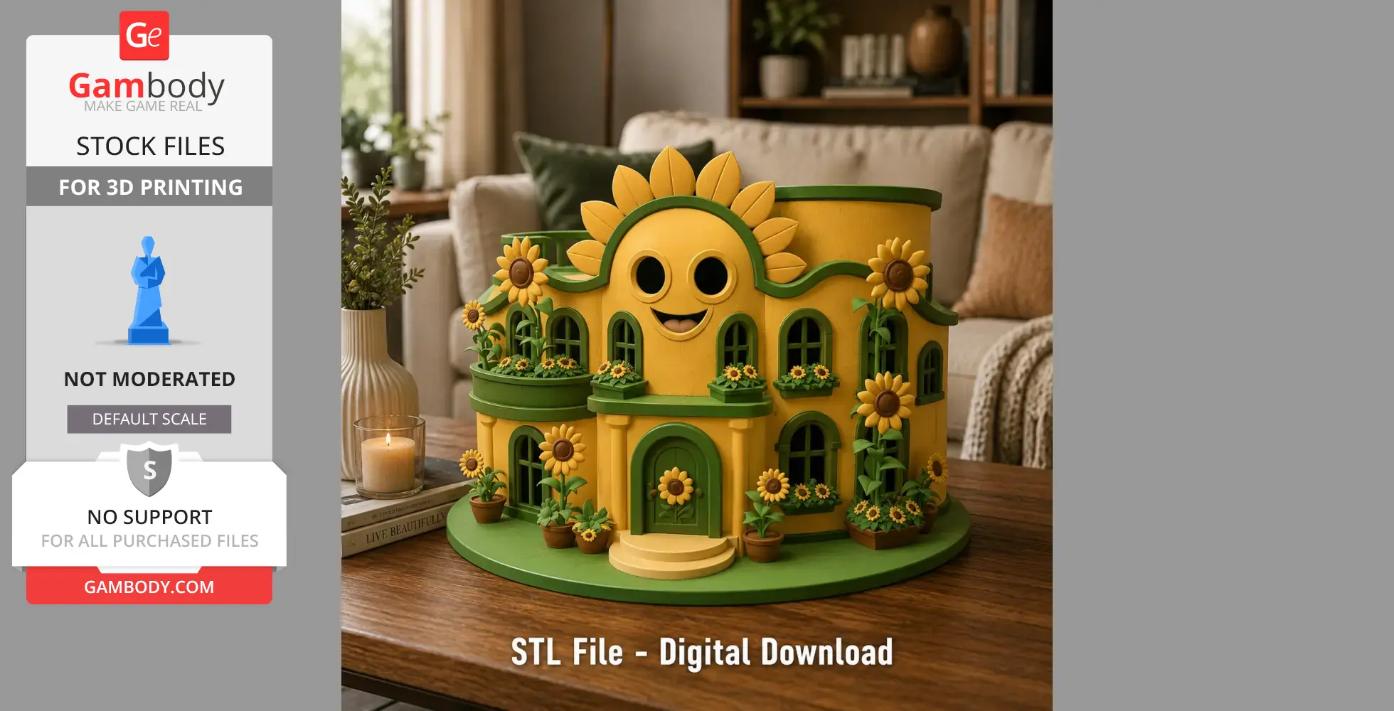 Smiling sunflower-themed house model with green accents, surrounded by sunflowers, on a tabletop.