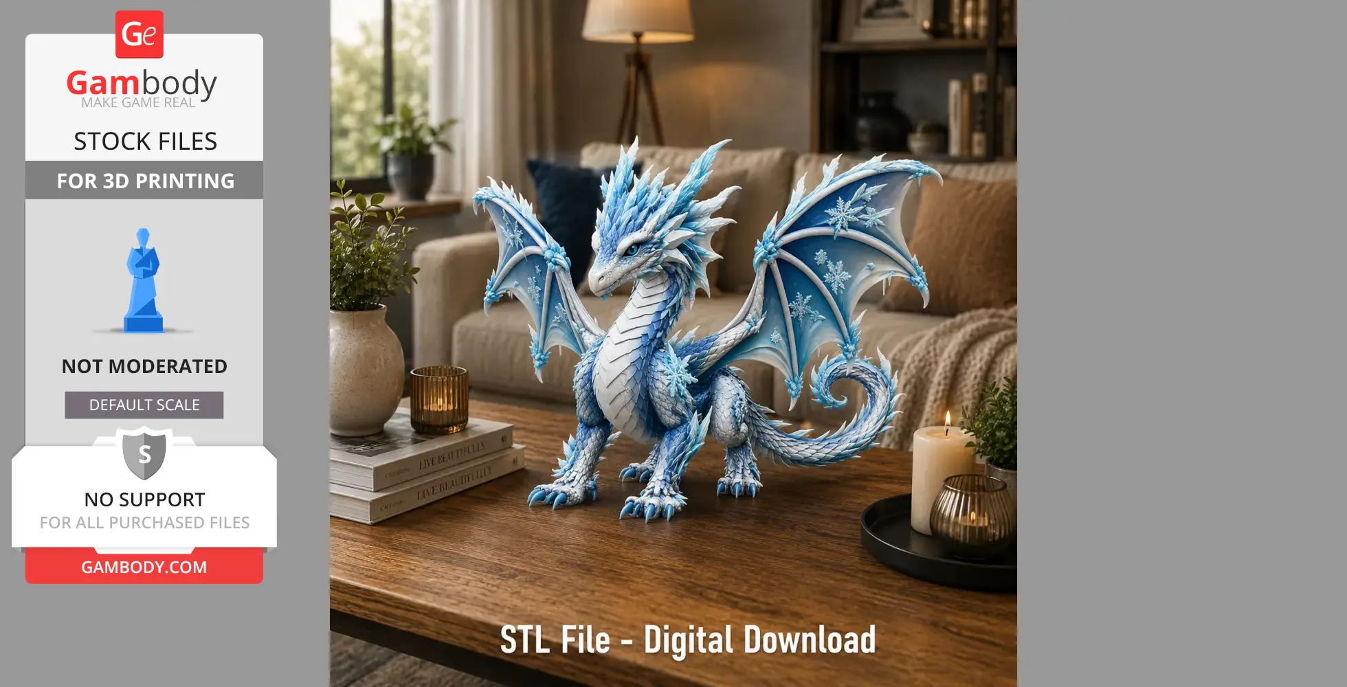 Blue and white frost dragon 3D model with detailed wings and scales, displayed on a wooden table.