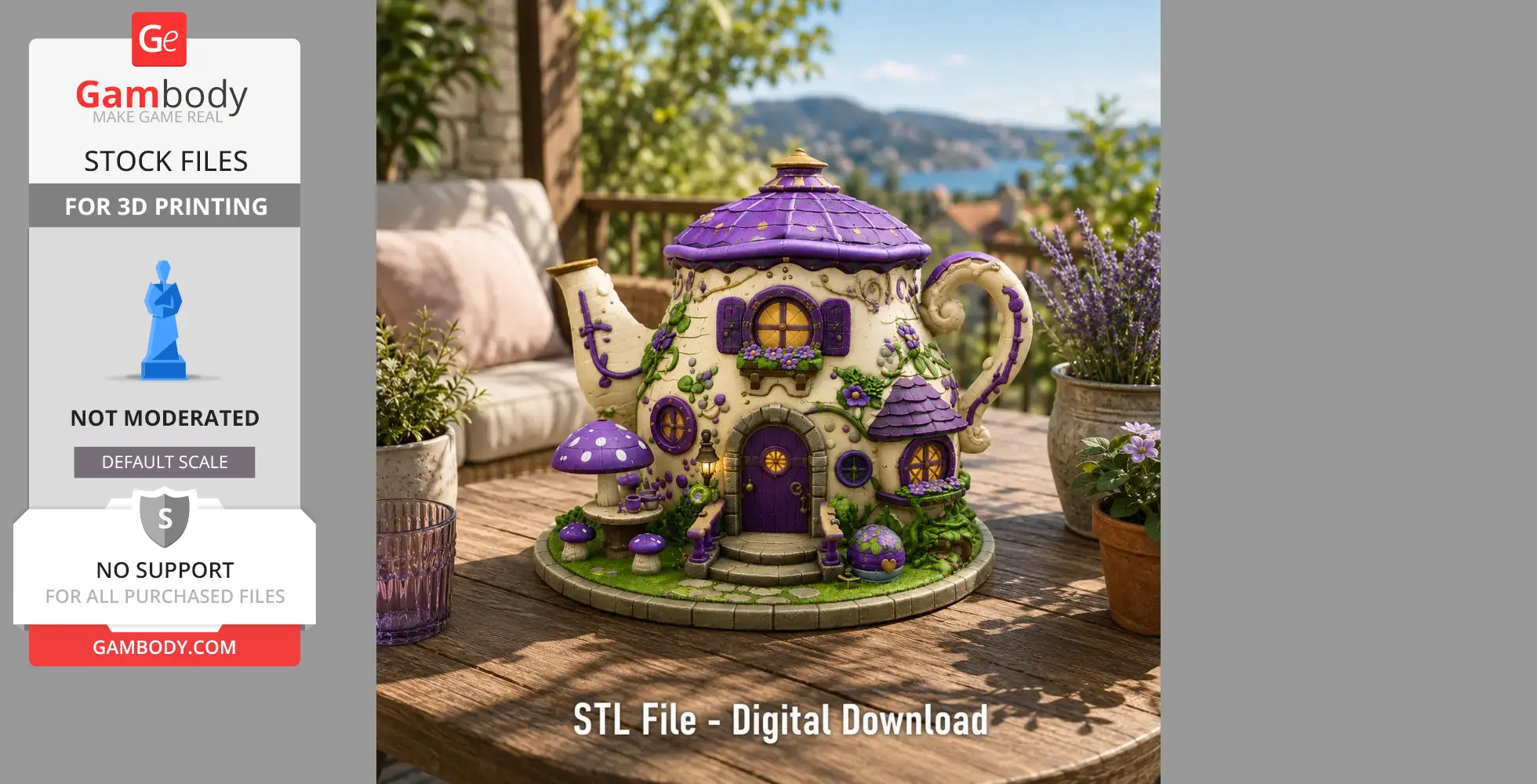 A whimsical teapot-shaped cottage with purple accents and flowery details, designed for 3D printing.