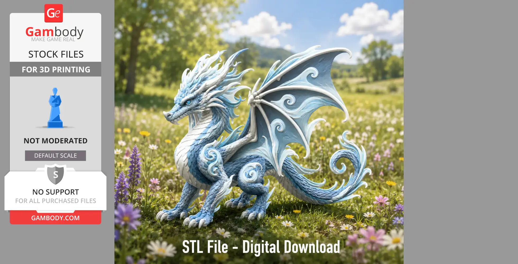 Blue dragon with ornate wings and wavy details, set in a flowery meadow, for 3D printing.