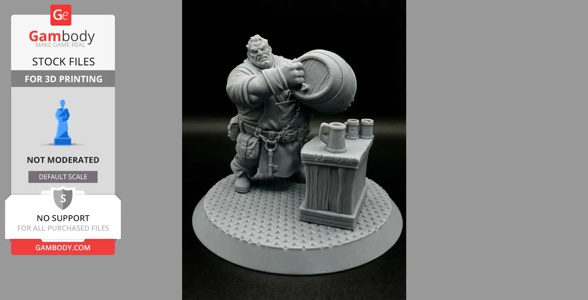 A 3D model of a barkeep pouring ale from a barrel next to a counter with mugs on a textured base.