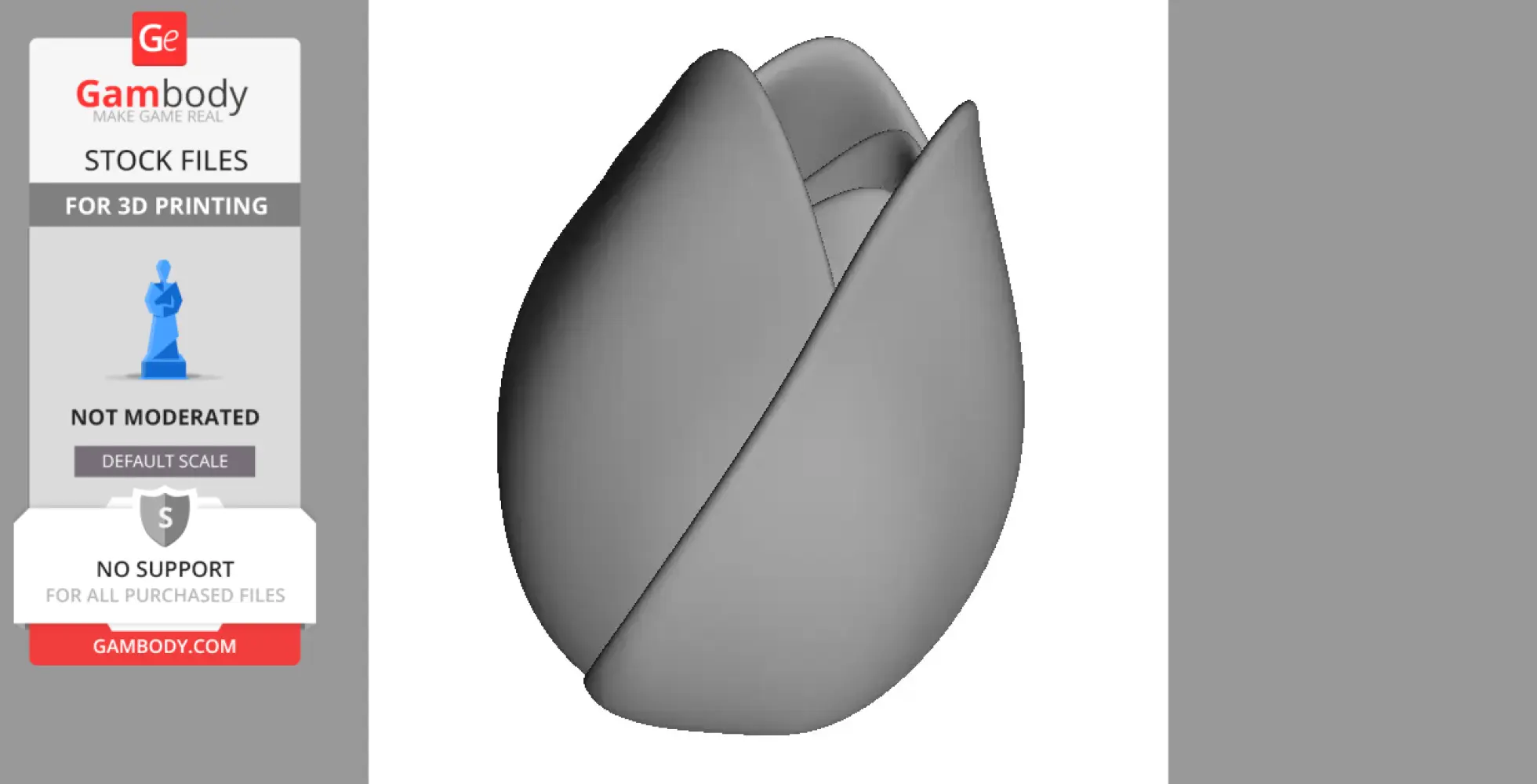 A 3D model of a tulip bud, smooth and closed, designed for 3D printing from Gambody.