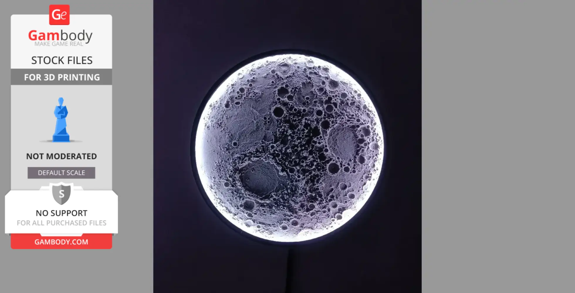 A illuminated, cratered moon wall lamp design for 3D printing, showcasing lunar surface details.